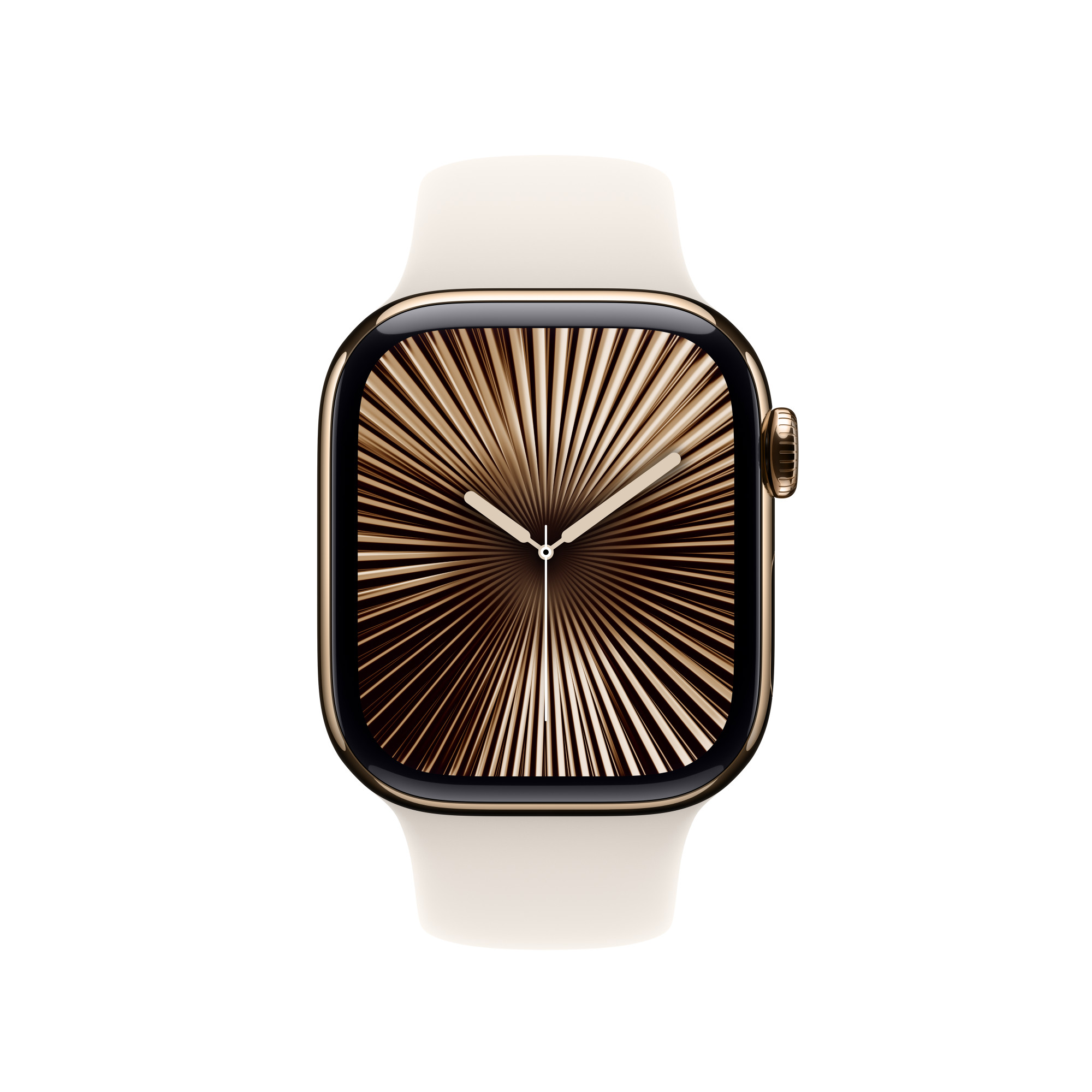 Egy Apple Watch közeli képe arany tokkal és fehér szíjjal. Az óralap radiális kialakítású.