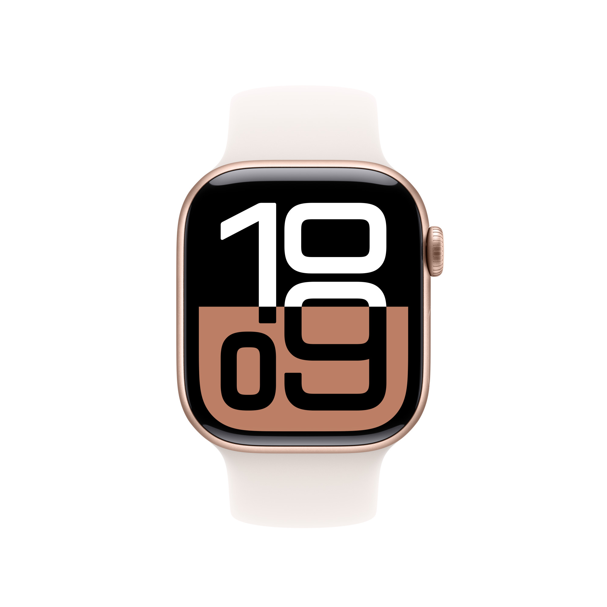 Arany tokos Apple Watch, fehér szíjjal. Az óralap mutatja az időt.