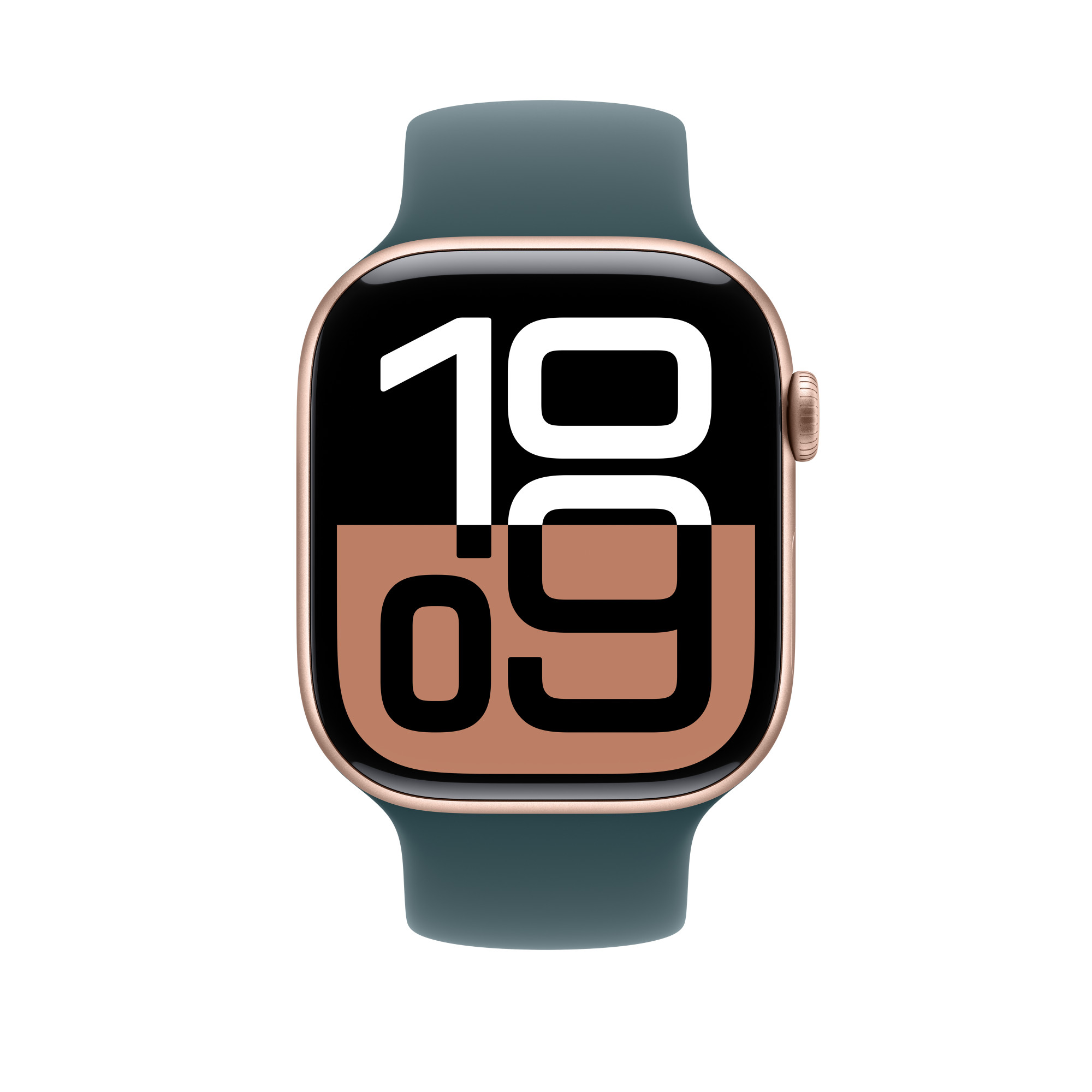 Egy türkiz Apple Watch arany tokkal. Az óralap a 10:09-es időt jeleníti meg nagy számokkal.