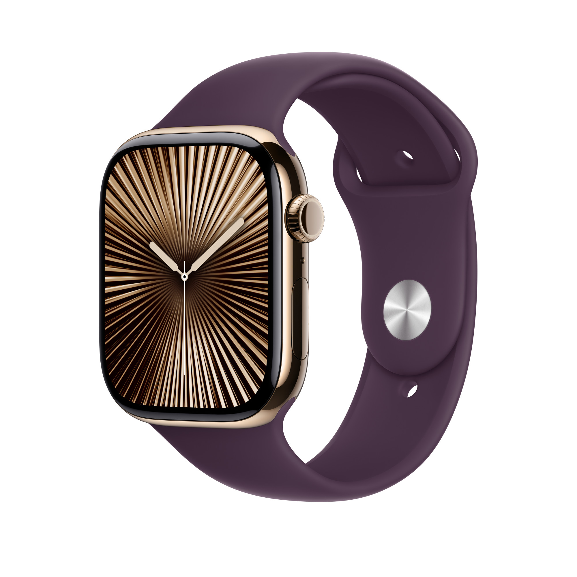 Arany Apple Watch lila szíjjal. Az óralap napfelkelte dizájnnal rendelkezik.