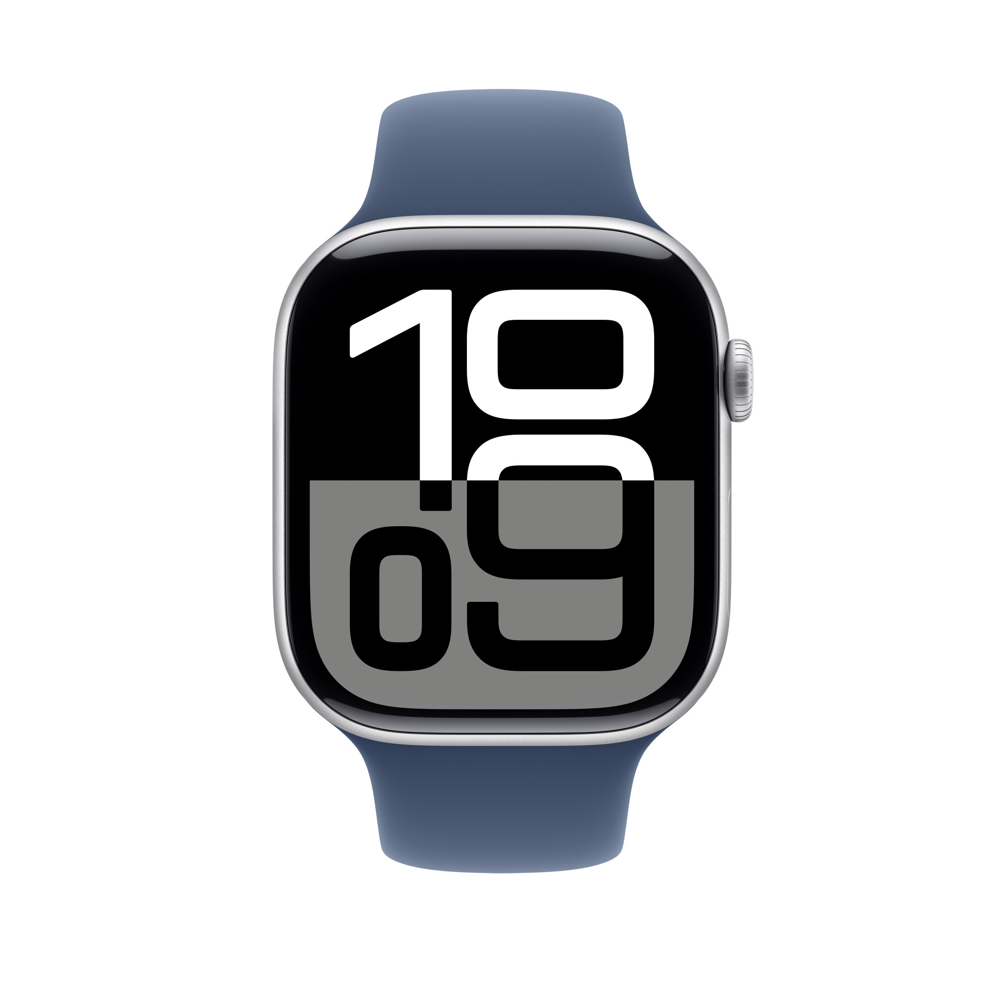 Ezüst Apple Watch kék szíjjal, 10:09-et mutat a fekete képernyőn.