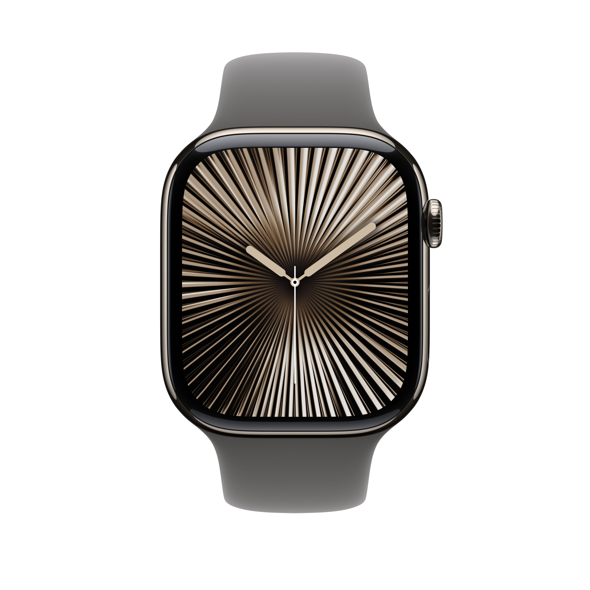 Apple Watch szürke szíjjal, arany színű radiális dizájnt mutat a képernyőn.