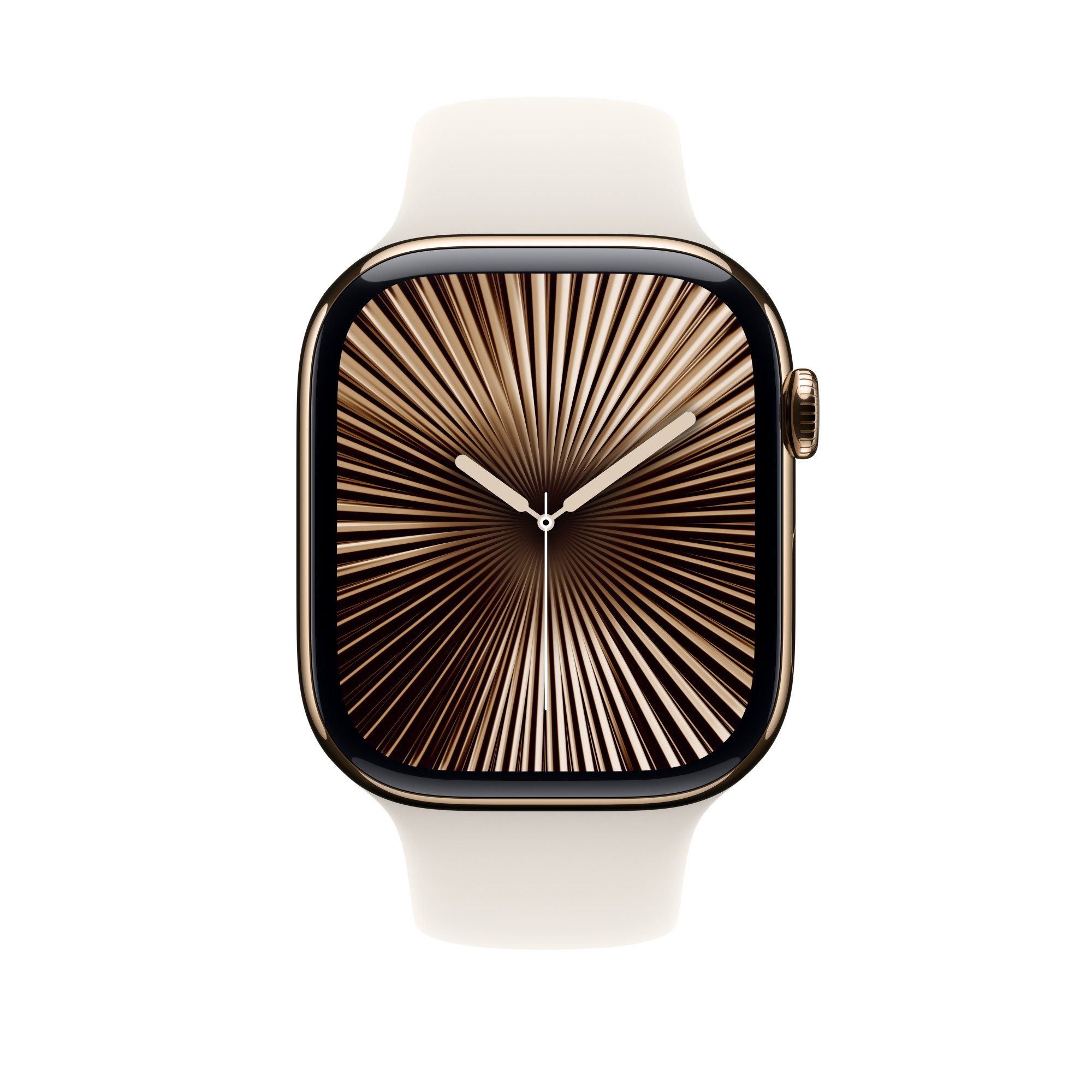 Apple Watch arany tokkal és világosbarna szíjjal, amely az időt mutatja.