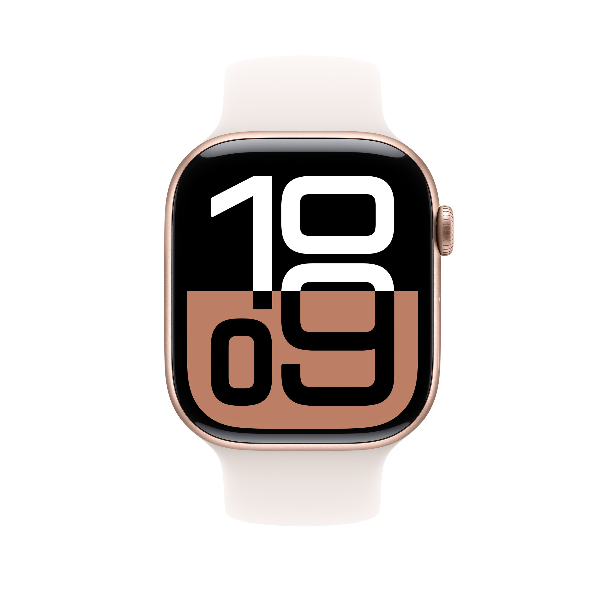 Arany Apple Watch fehér szíjjal, 10:09-et mutat.