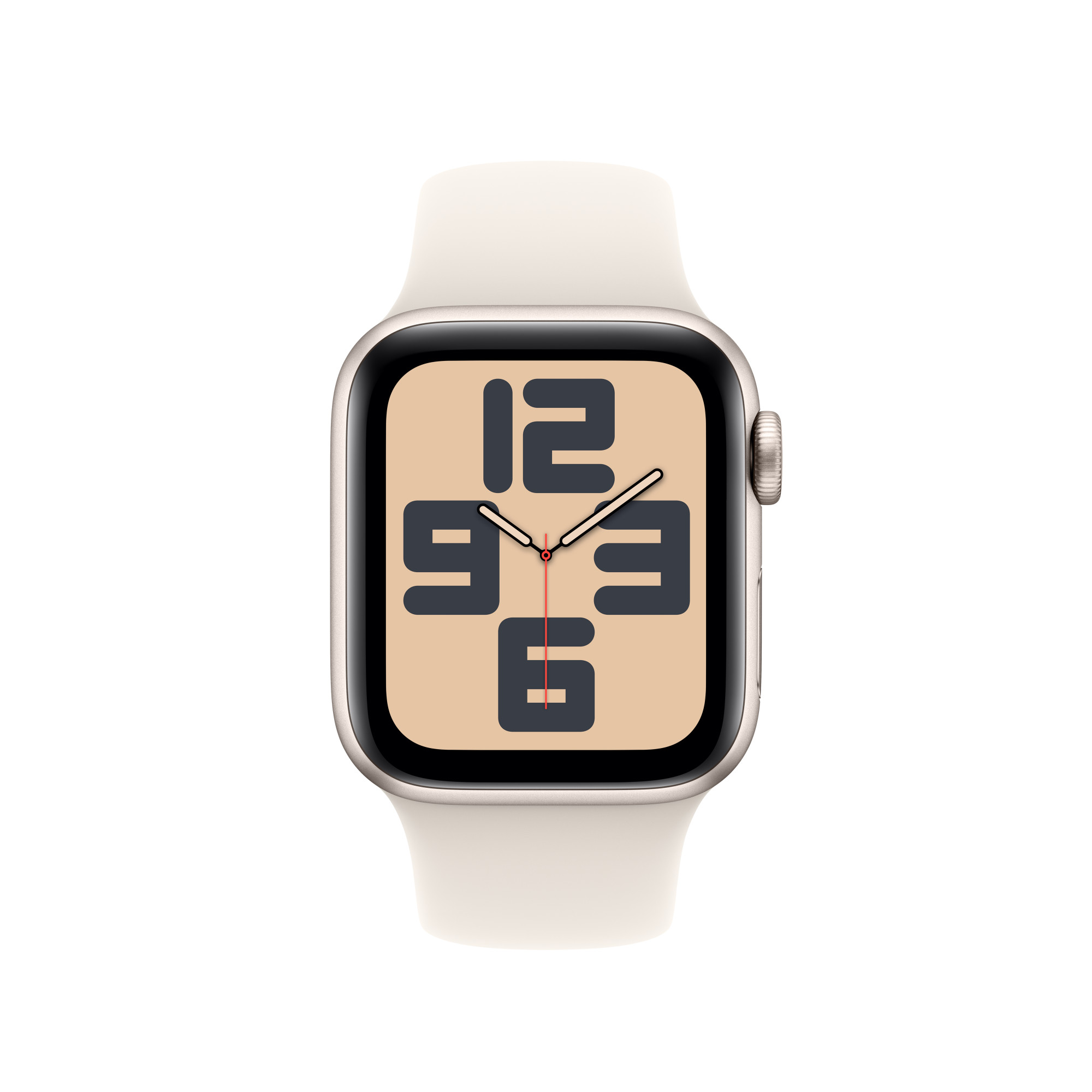 Apple Watch elefántcsontszíjjal, az óralapon az idő látható. A számok nagyok.