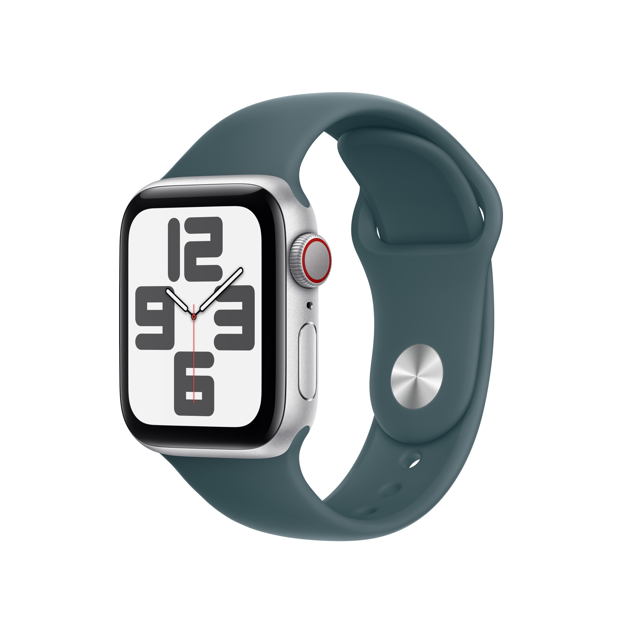 Ezüst Apple Watch türkizkék szíjjal. A számlap az időt mutatja.