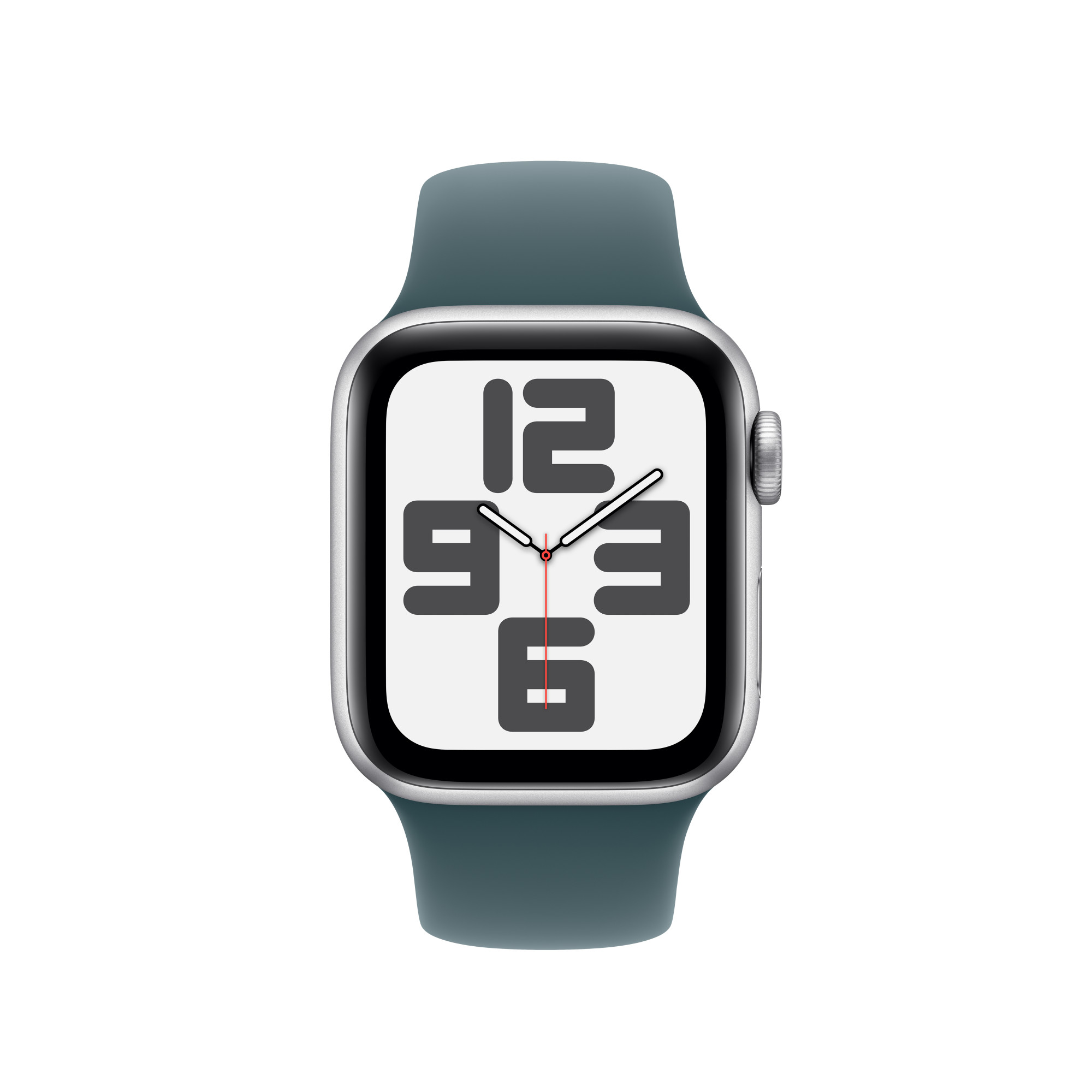 Apple Watch türkiz szíjjal, ezüst tokkal, fehér számlappal.