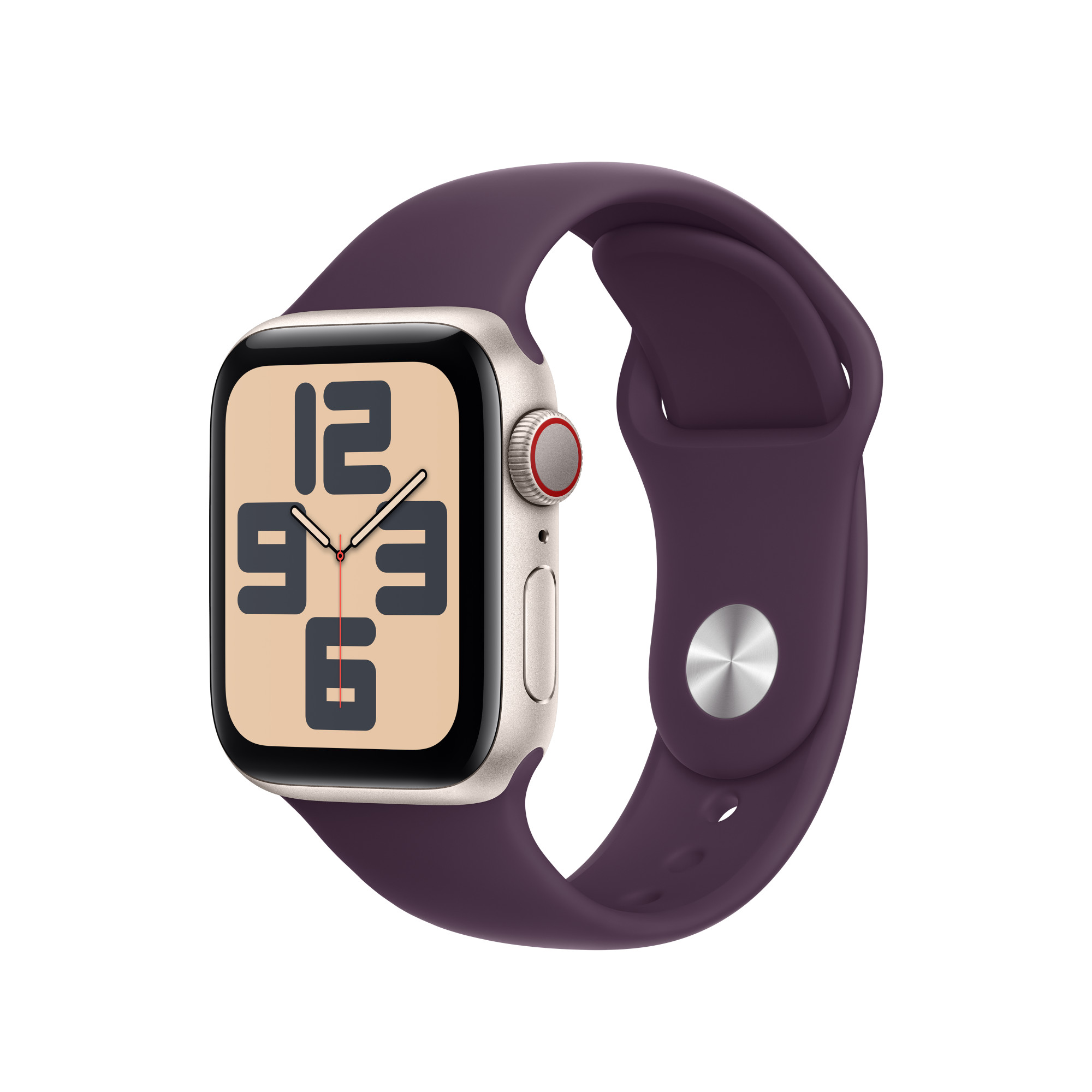 Ezüst Apple Watch lila szíjjal, a számlapon 12:03 látható.