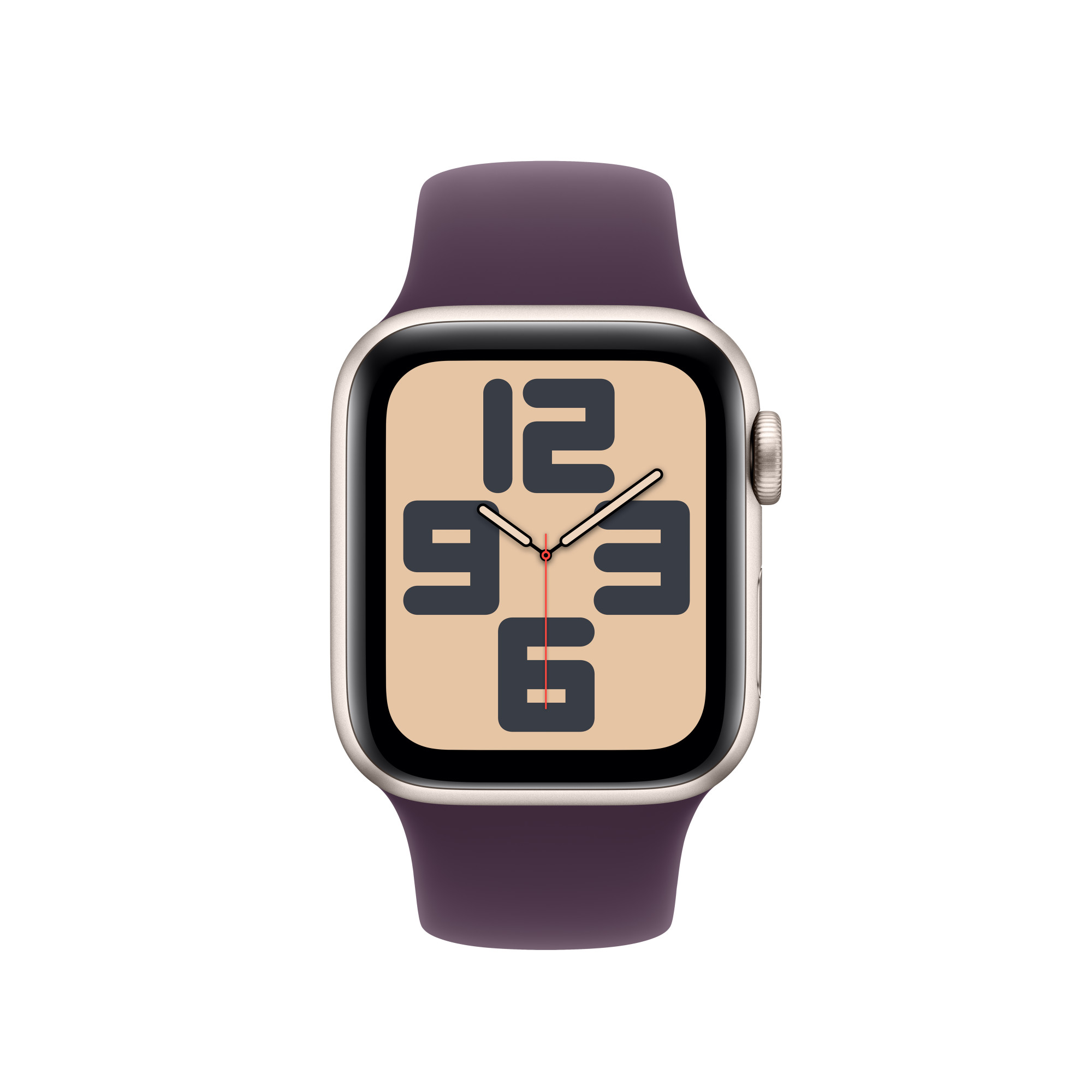 Apple Watch lila szíjjal. Bézs színű számlapon nagy fekete számok láthatók.