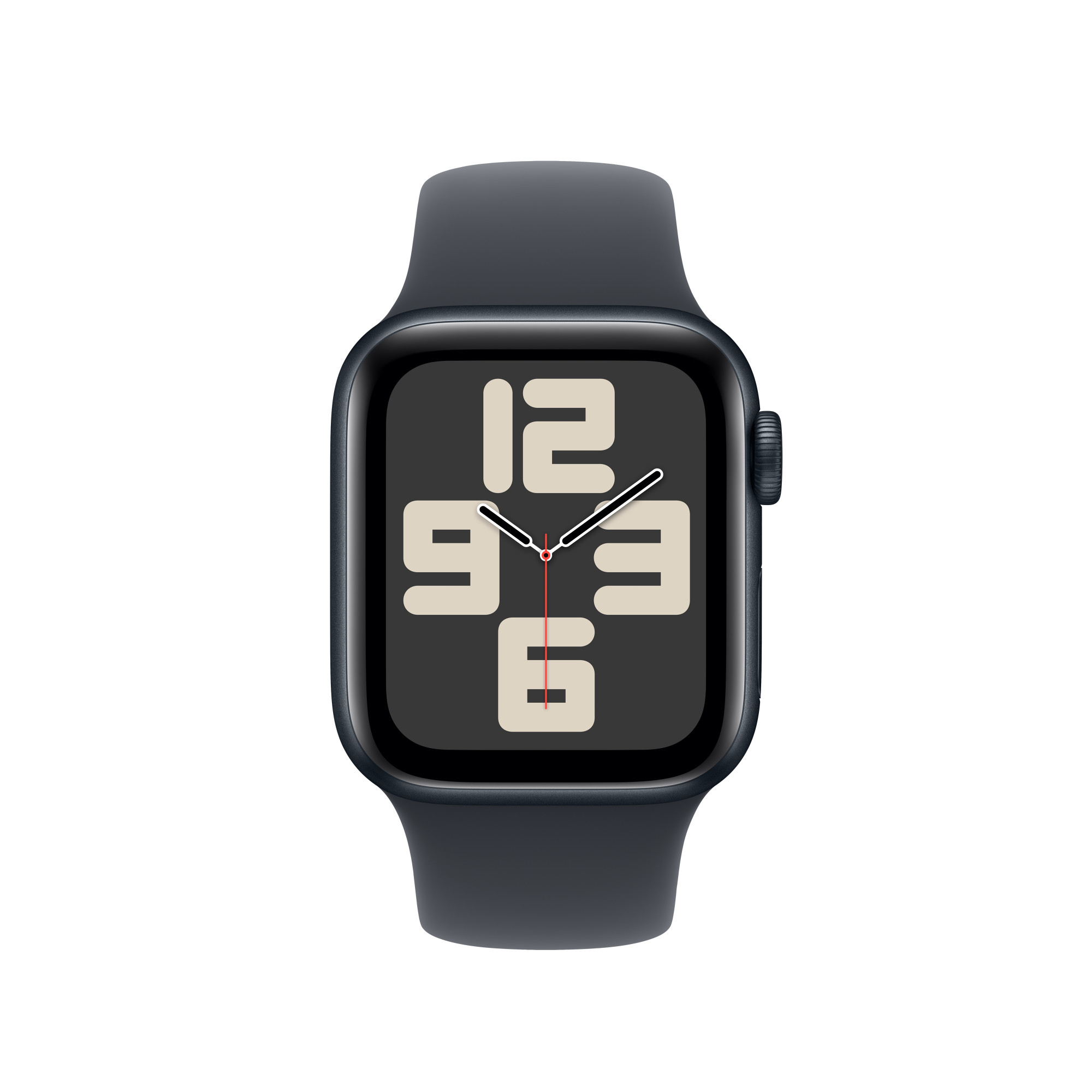 Fekete Apple Watch sötétkék szíjjal. Az óralap az időt mutatja.
