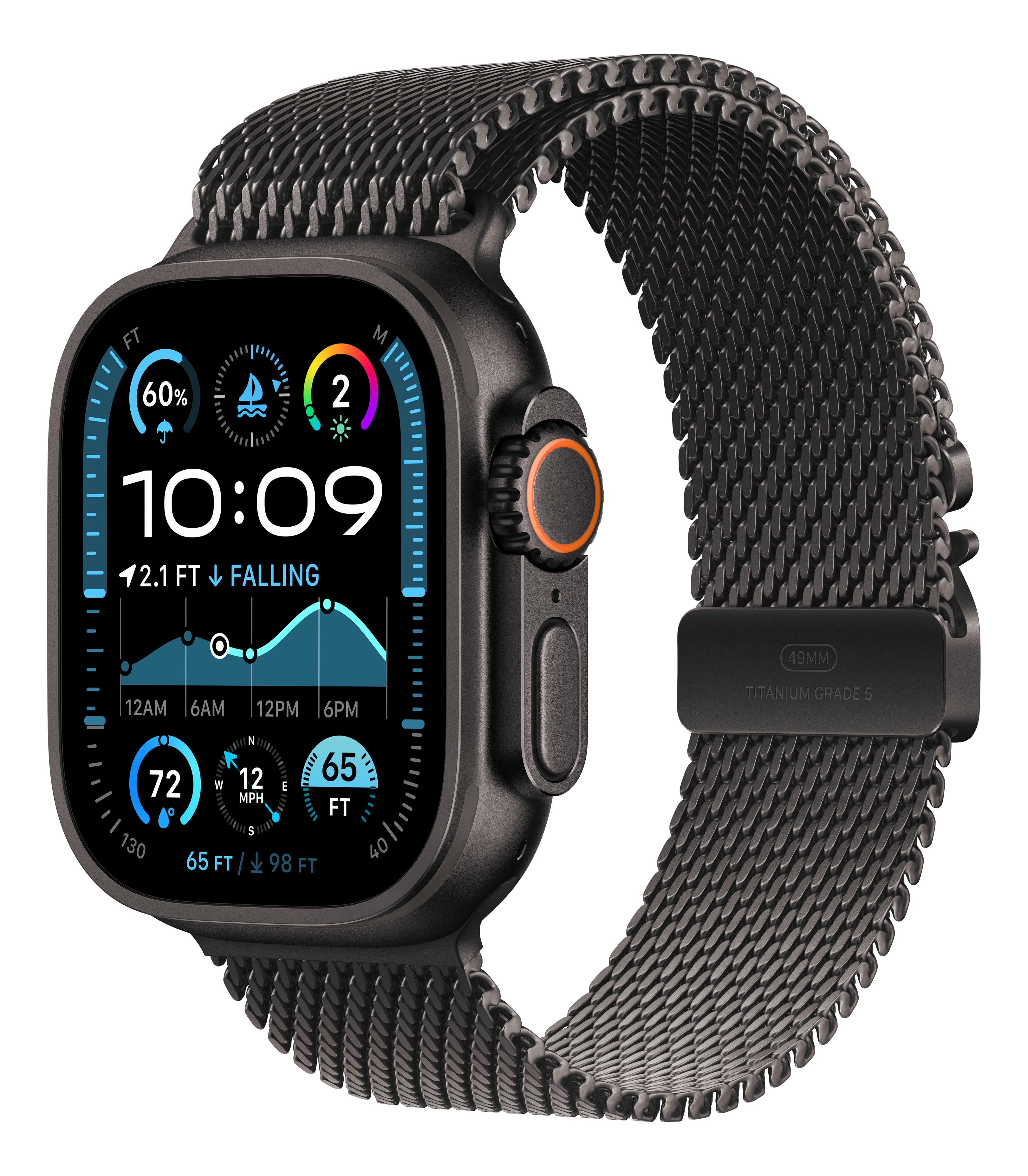 Smartwatch noire avec bracelet en métal. L'écran affiche l'heure, la météo et les mesures de santé.