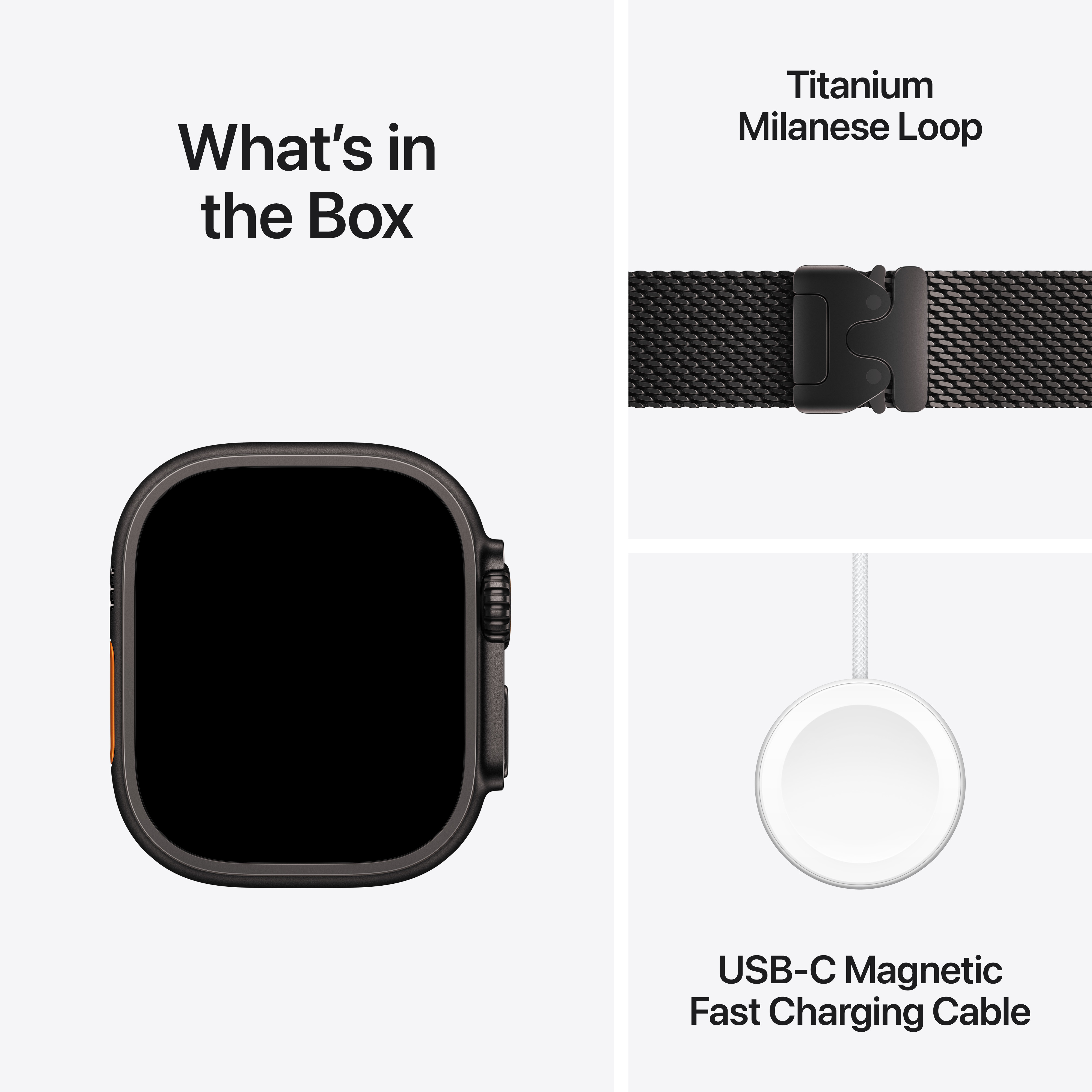 Apple Watch noire déballée, boucle milanaise noire et câble de chargement.
