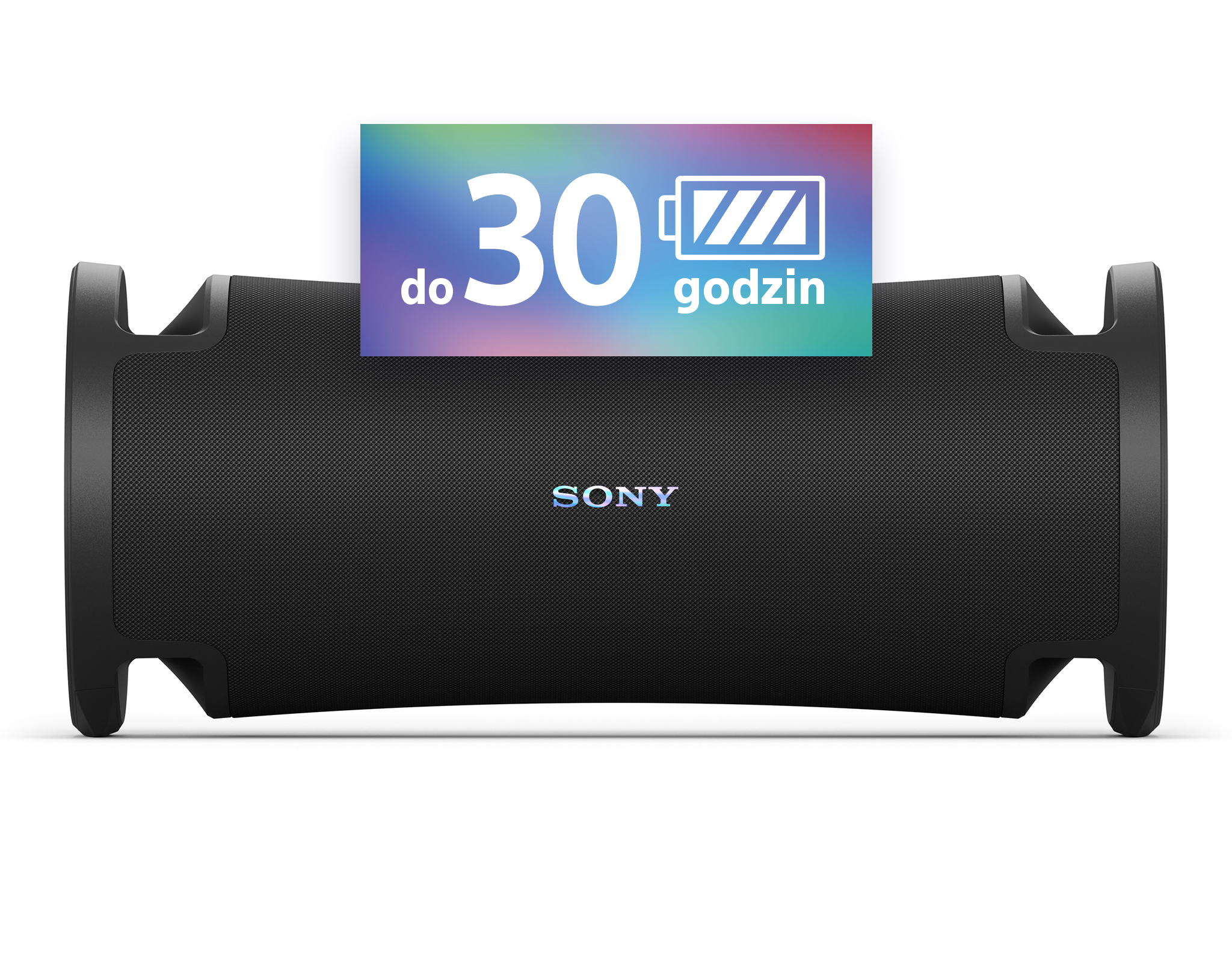 Czarny głośnik Sony z 30-godzinną baterią na białym tle.