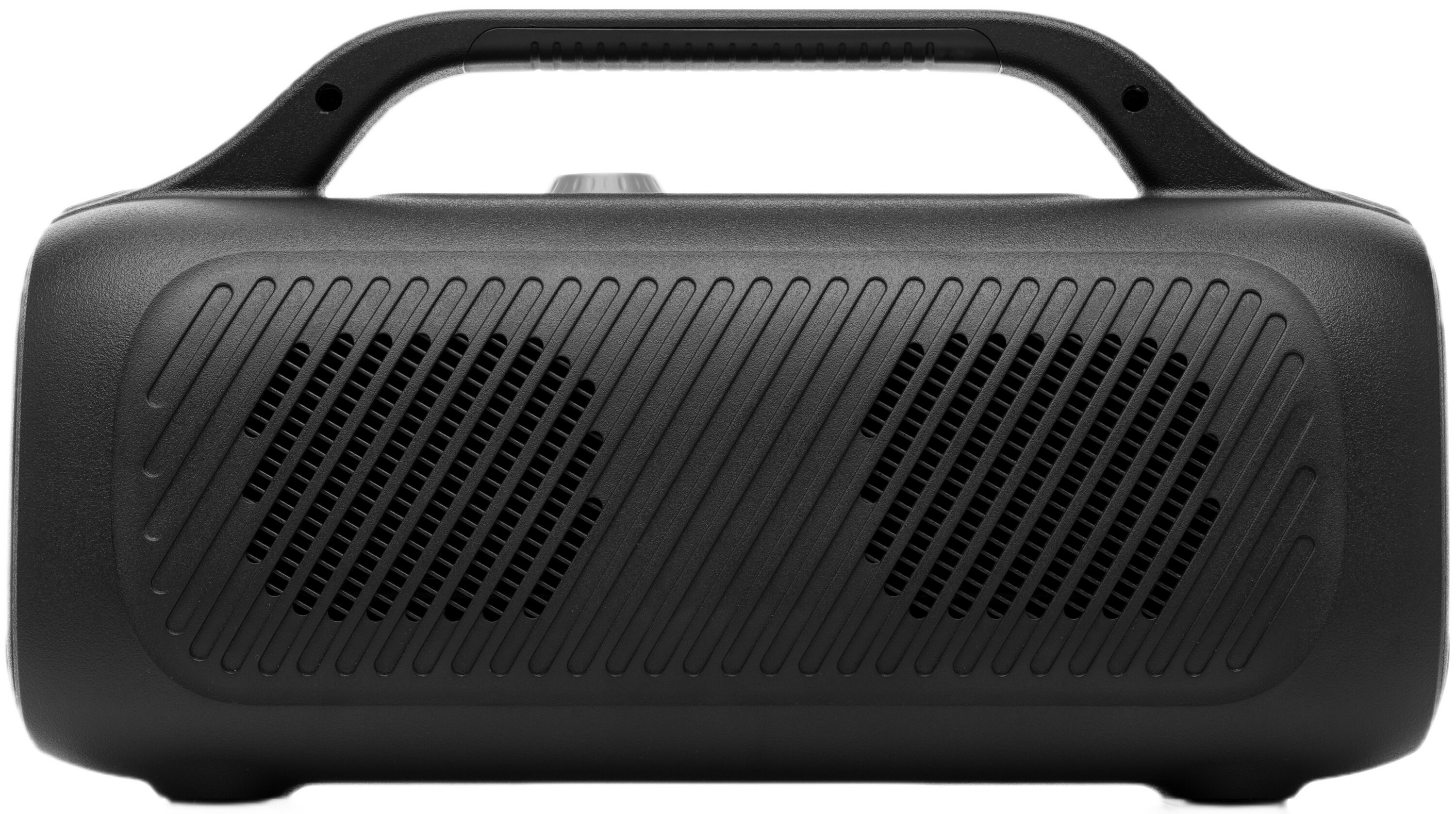 Czarny prostokątny głośnik z uchwytem i otworami wentylacyjnymi.
