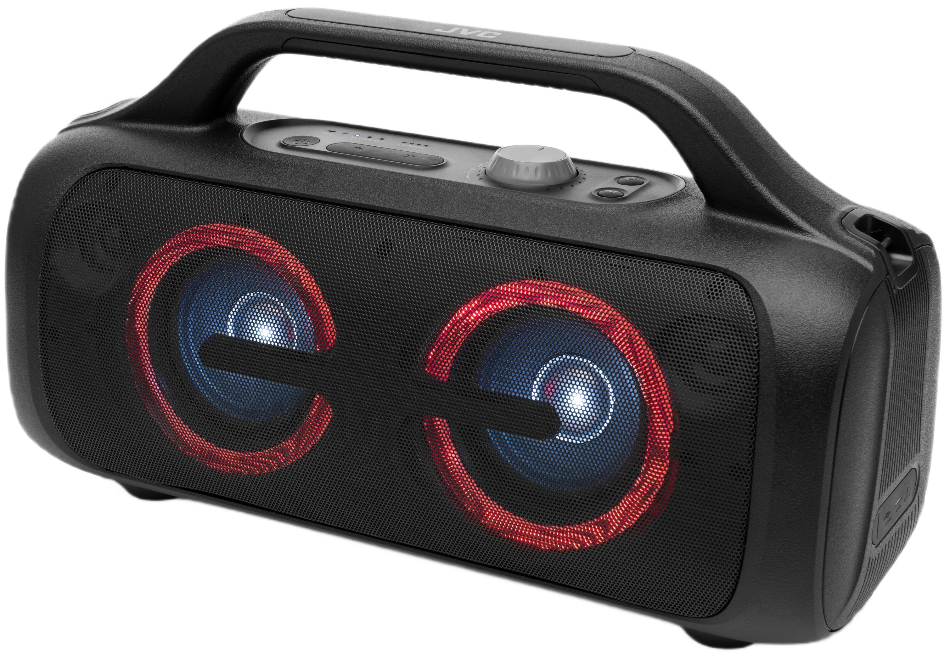 Czarny głośnik JVC z czerwonymi i niebieskimi podświetlanymi elementami głośnika.