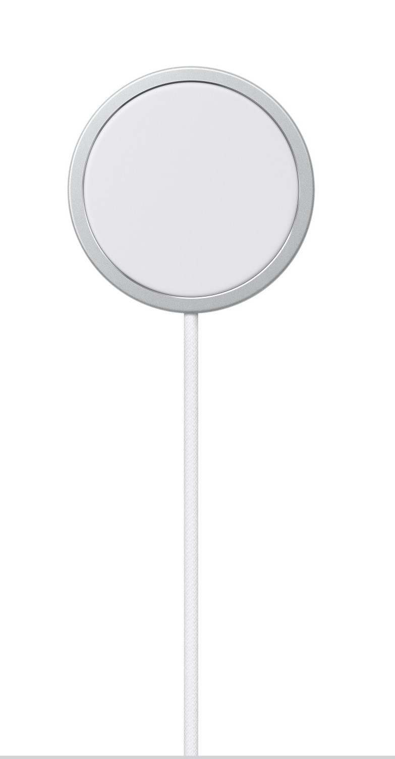 Biała ładowarka MagSafe Apple ze srebrną ramką, podłączona do białego kabla na białym tle.