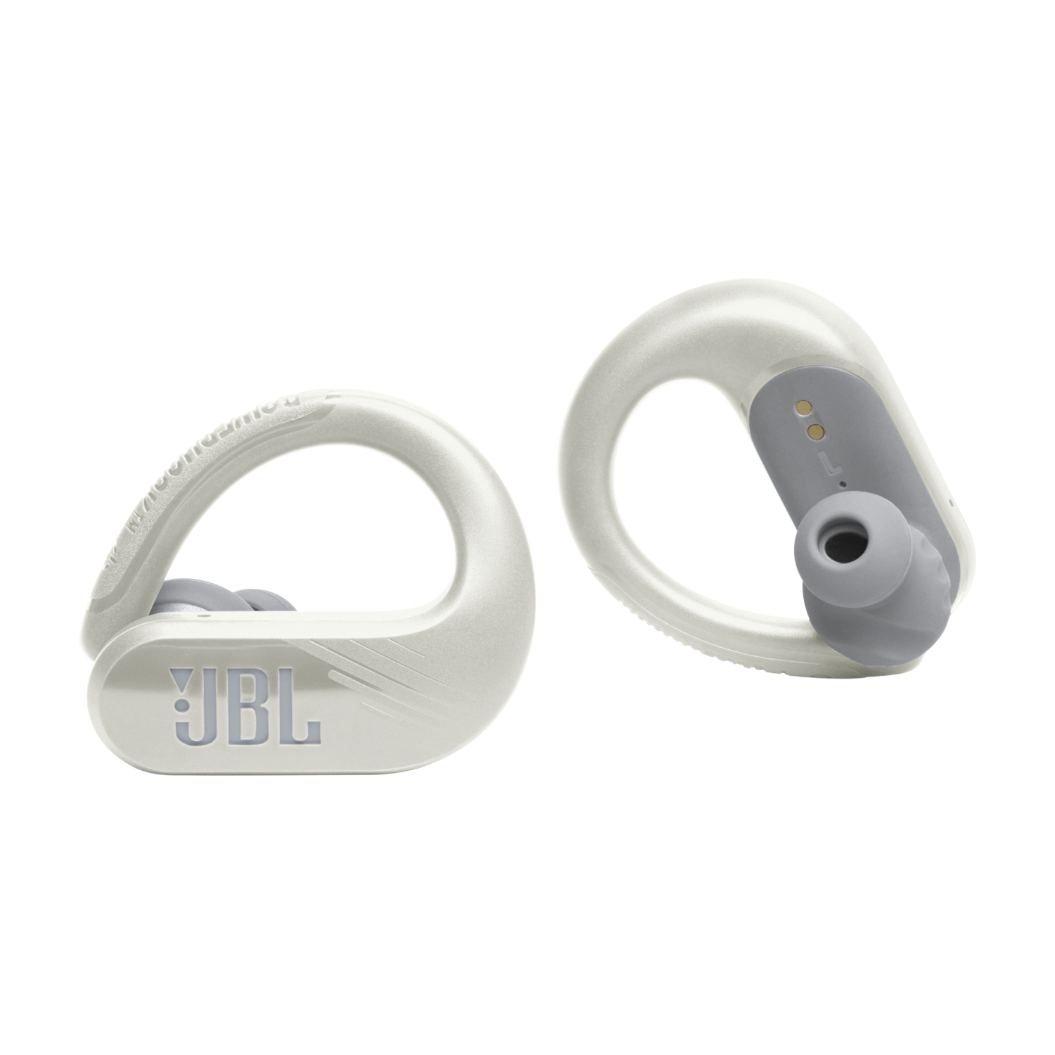 Set van witte JBL-hoofdtelefoons met het JBL-logo.