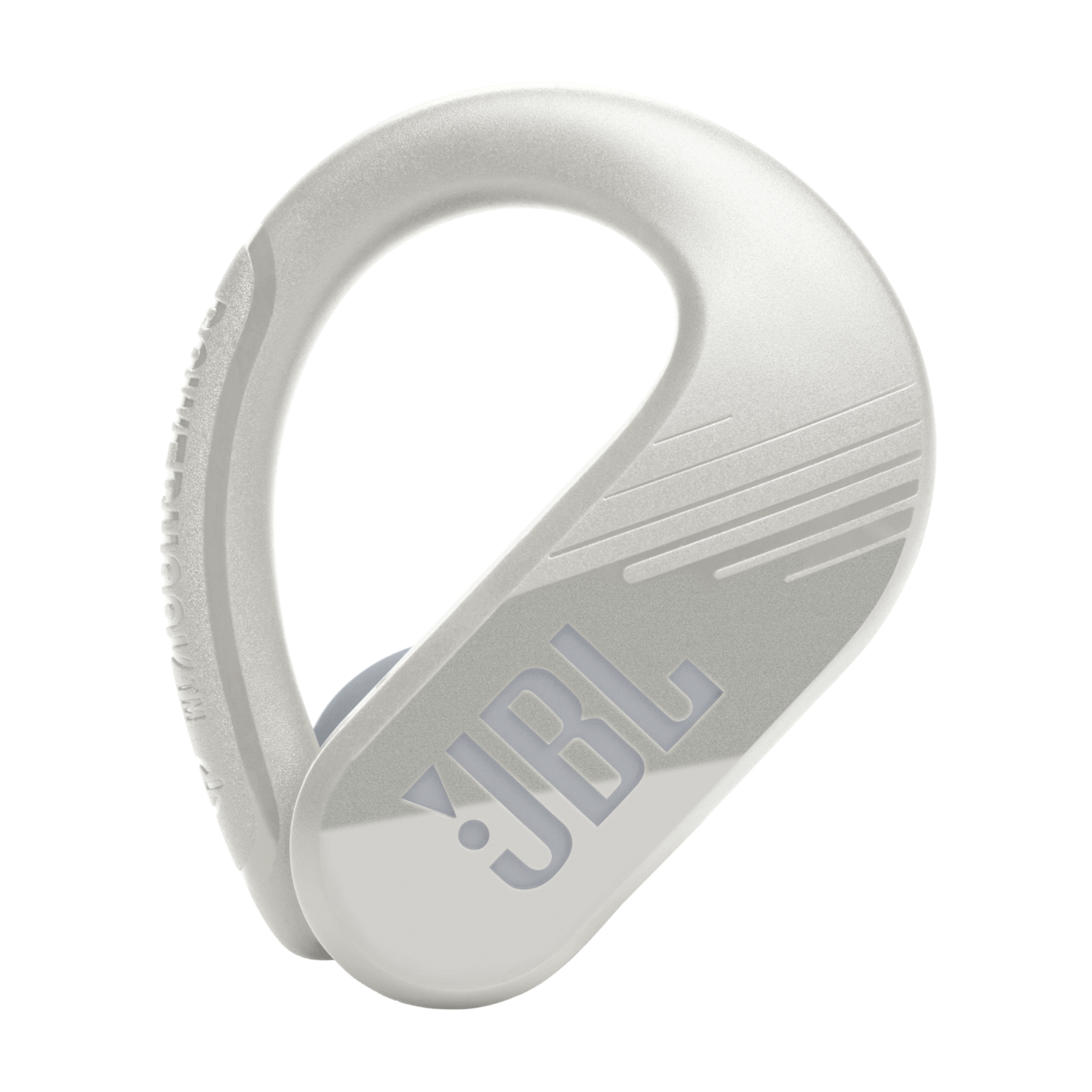 Witte draadloze oordop met JBL-logo, schuine weergave. De oordop is wit en grijs.