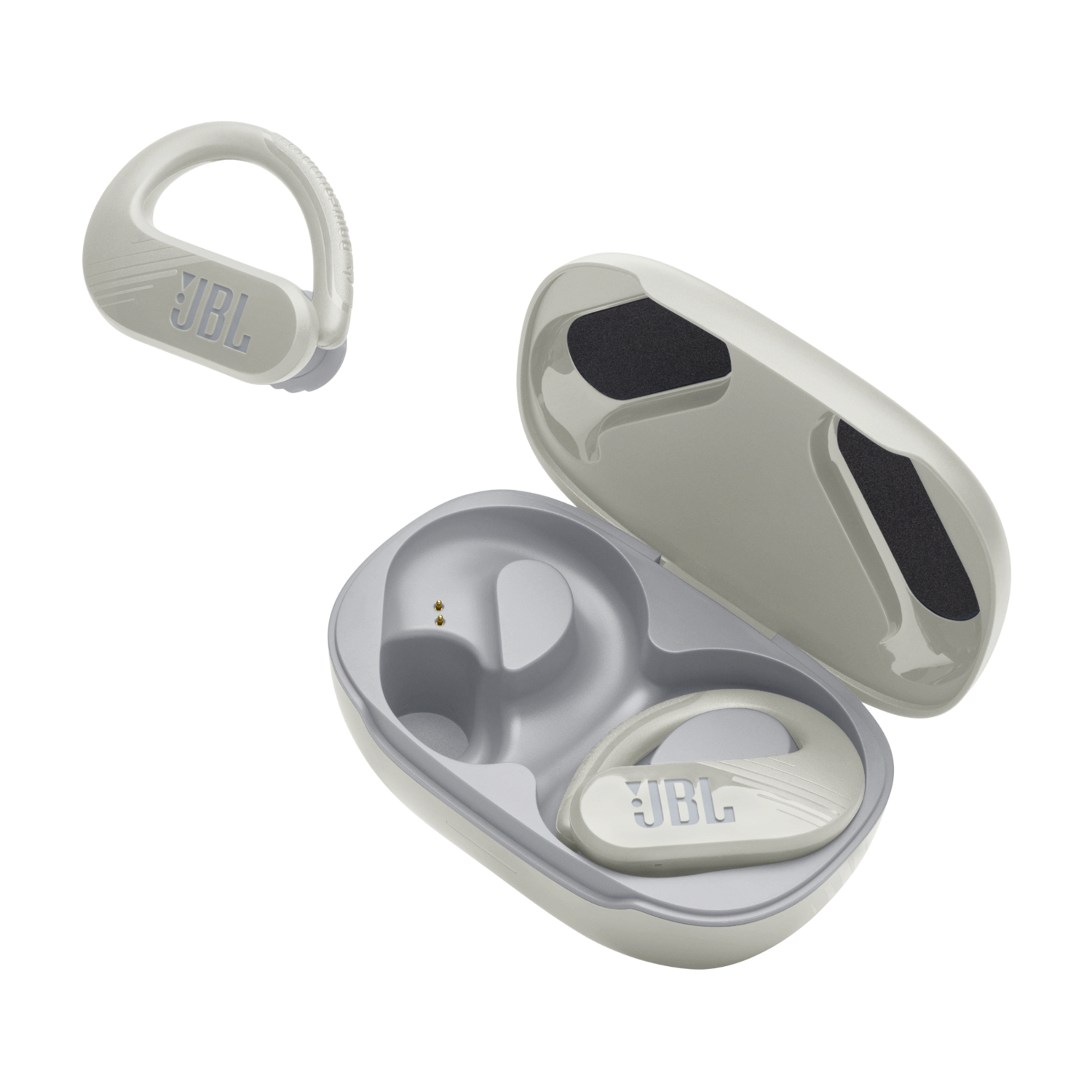 Witte JBL oordopjes en oplaadcase, één oordopje apart.