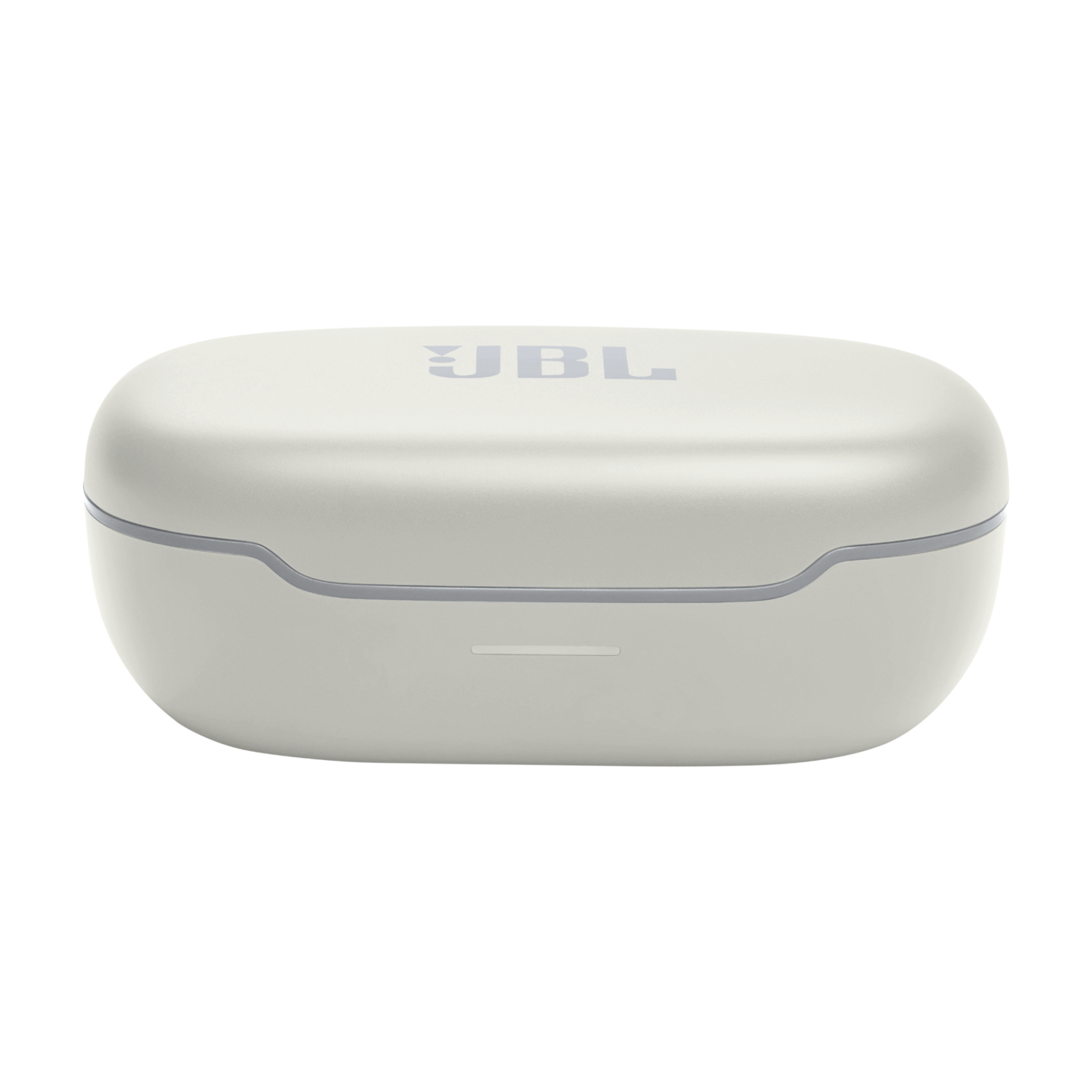 Een gesloten witte JBL oplaadcase voor oordopjes. Het JBL-logo is zichtbaar aan de bovenkant.