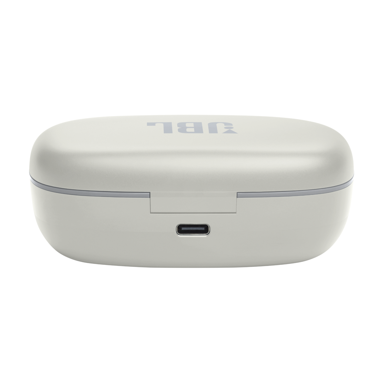 Lichtgrijze JBL oplaadcase met een USB-C-poort aan de onderkant, JBL logo bovenop.