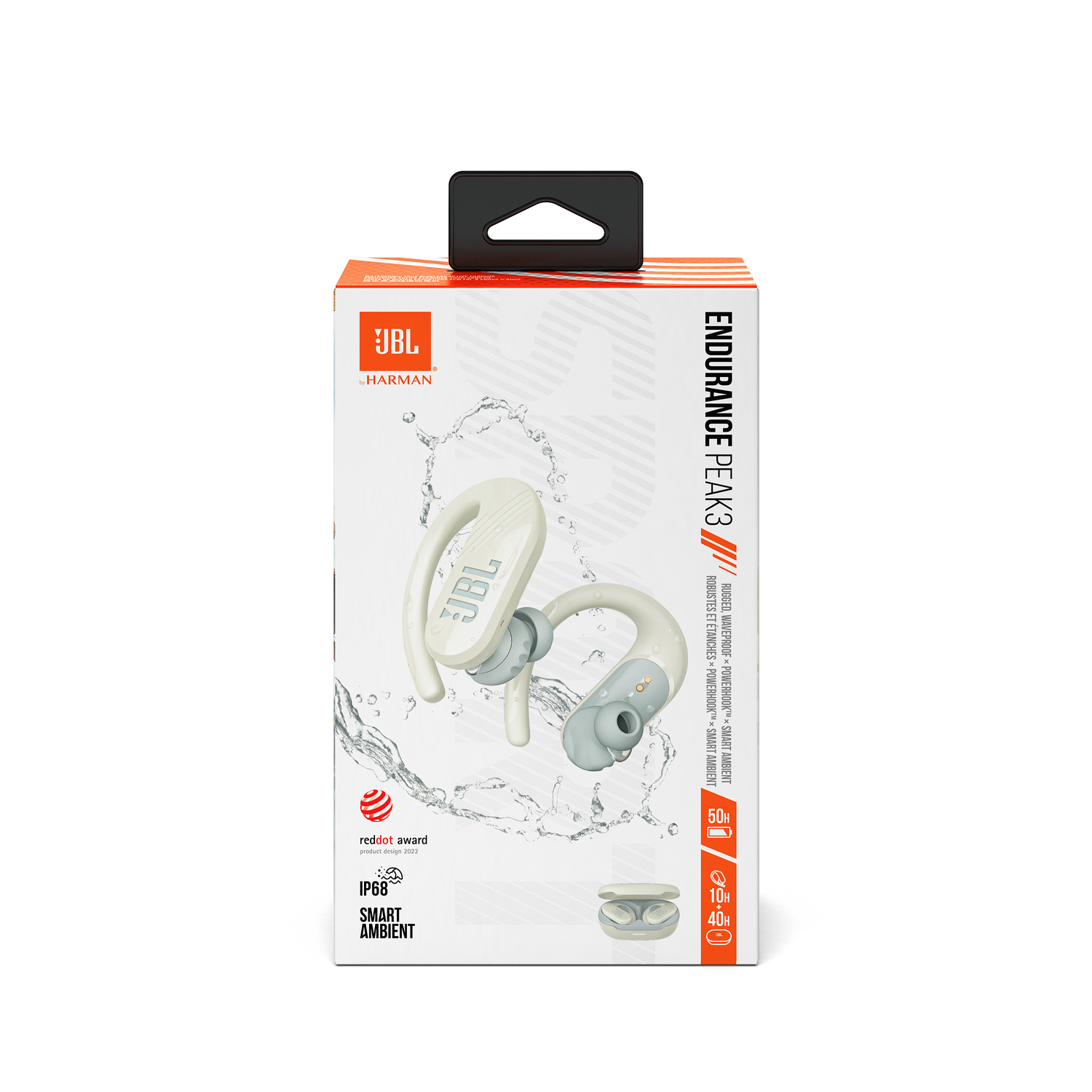 Oordopjes en verpakking. Tekst: Endurance Peaks, smart ambient, smart amount.
