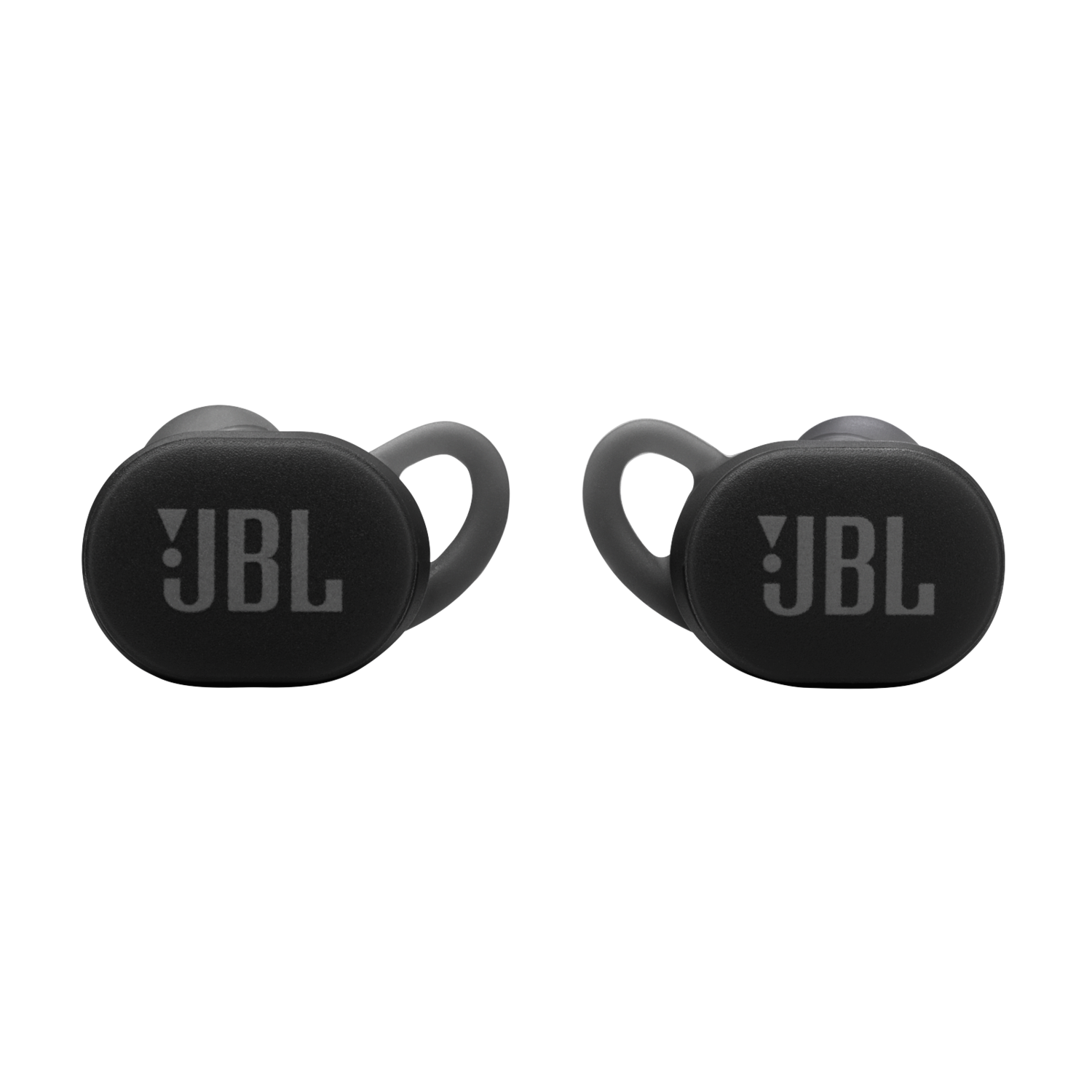 Set zwarte JBL-oordopjes. Elke oordop heeft een grijze oorhaak en JBL-logo.