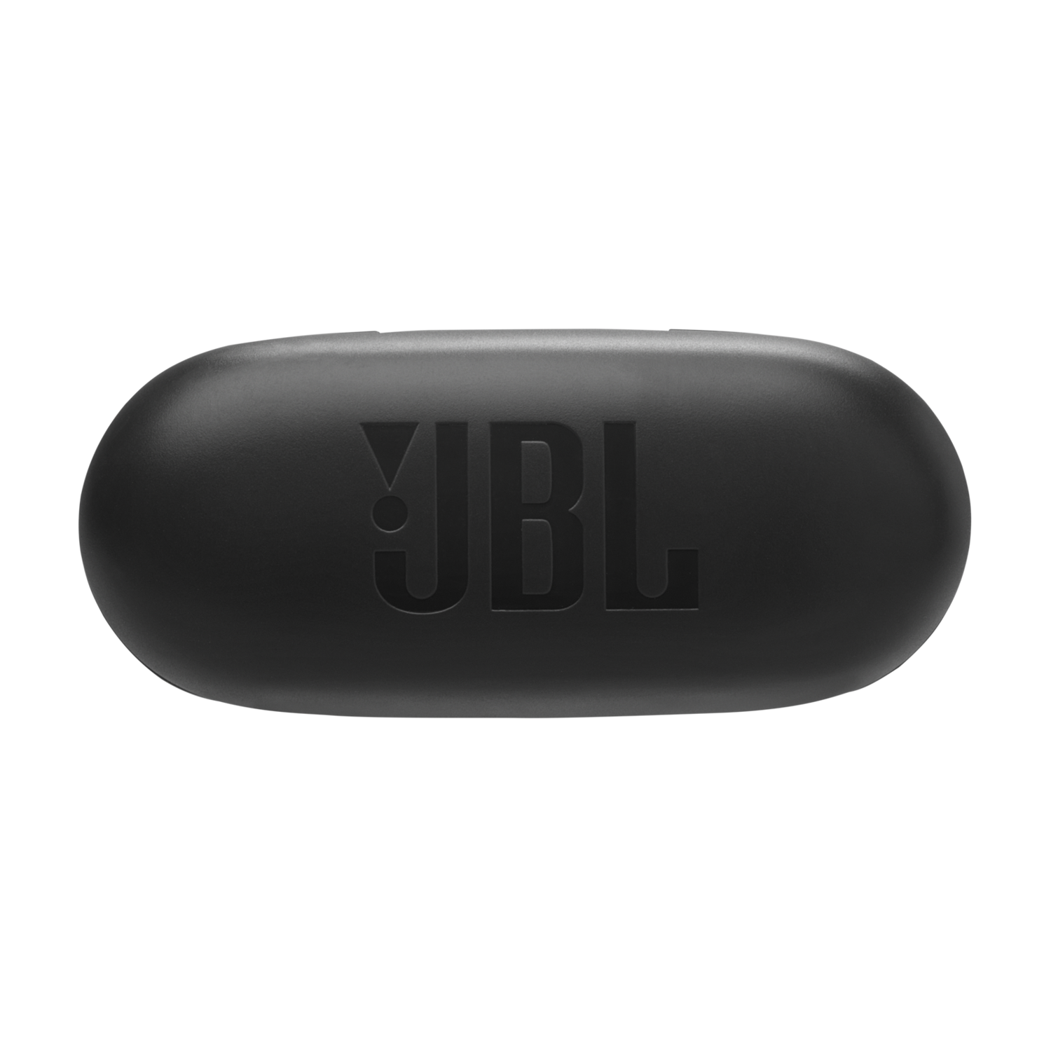 Een zwarte, ovaalvormige JBL oortelefoonhoes met het JBL-logo erop.