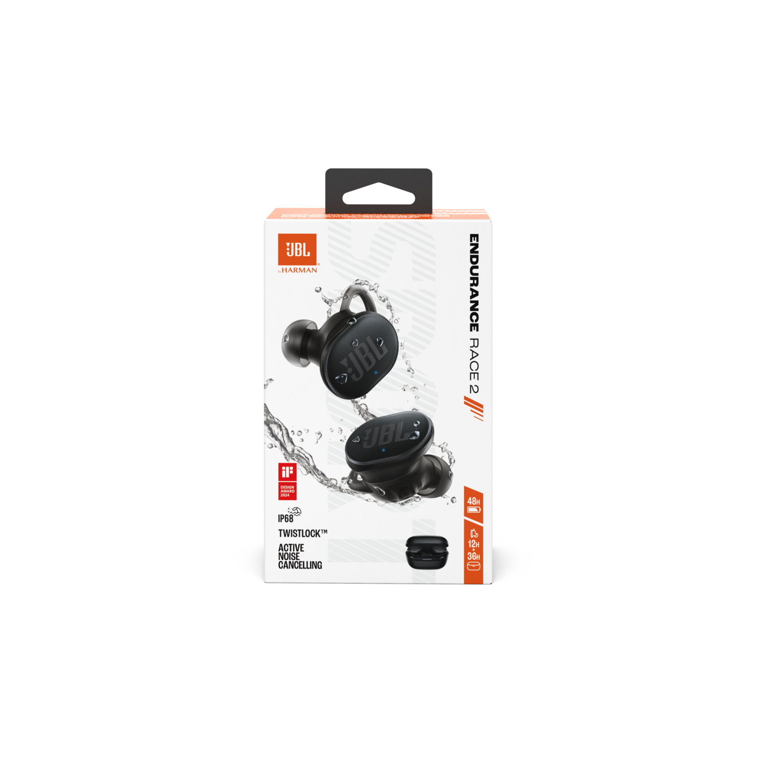 Oordopjes in een doos, zwart, met de JBL- en Endurance Race 2-labels.