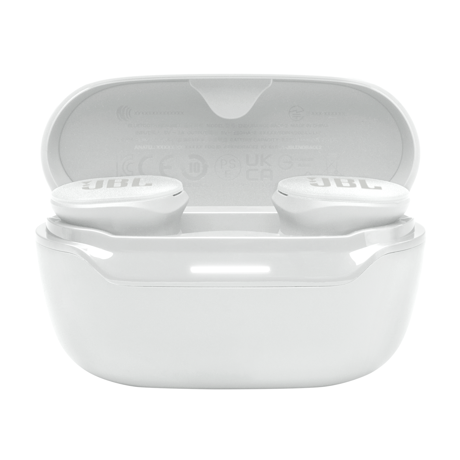 Een witte JBL oordopjescase open, met twee witte oordopjes erin. De achtergrond is zwart.