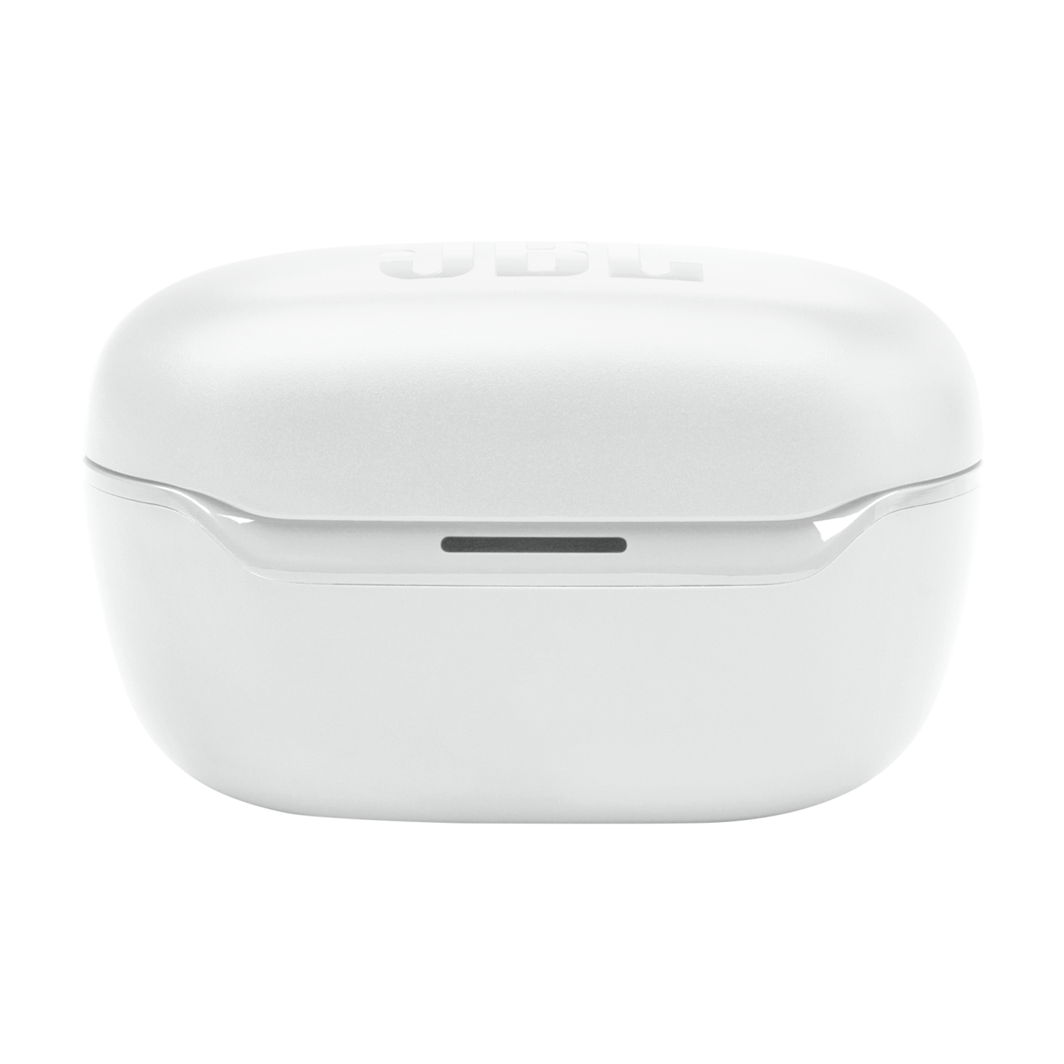 Witte JBL oordopjes oplaadcase, met JBL logo bovenop en een kleine oplaadpoort.