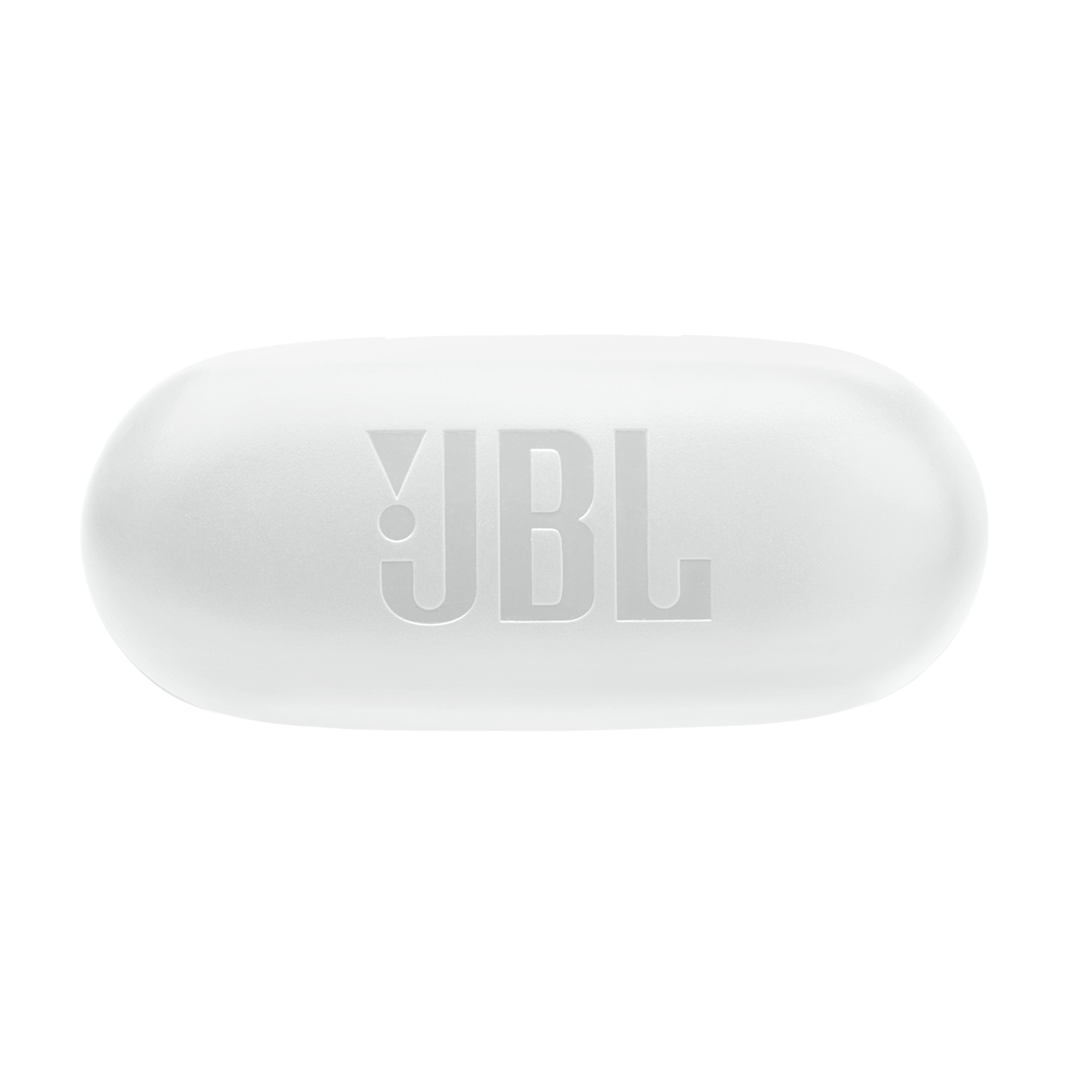Witte, ovale JBL oortelefooncase met het JBL-logo in reliëf.