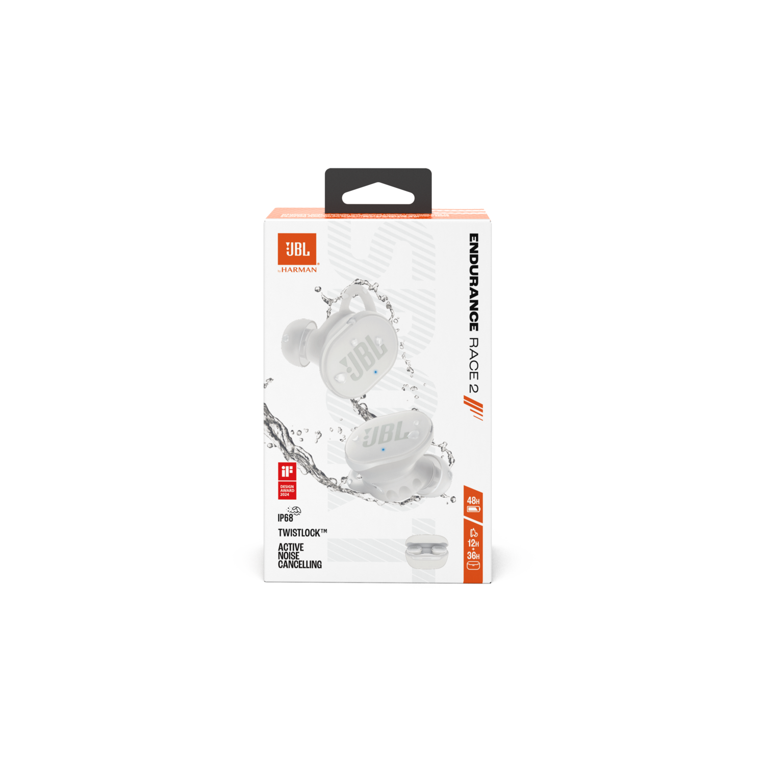 JBL-hoofdtelefoon in een doos, witte achtergrond, met hoofdtelefoon en een afbeelding van waterdruppels.