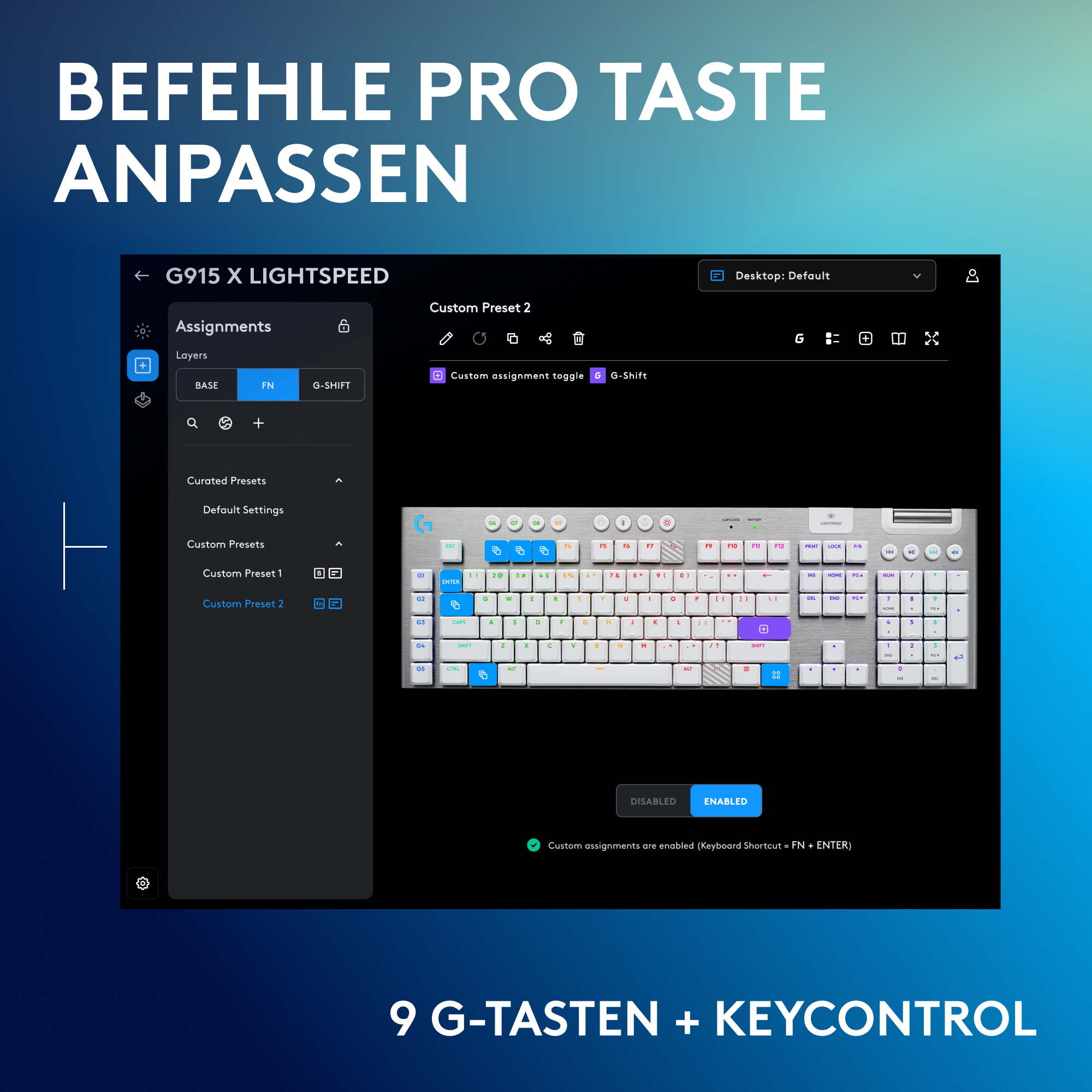 Bildschirm einer Tastatur-Anpassungssoftware, mit Tastatur im Hintergrund.