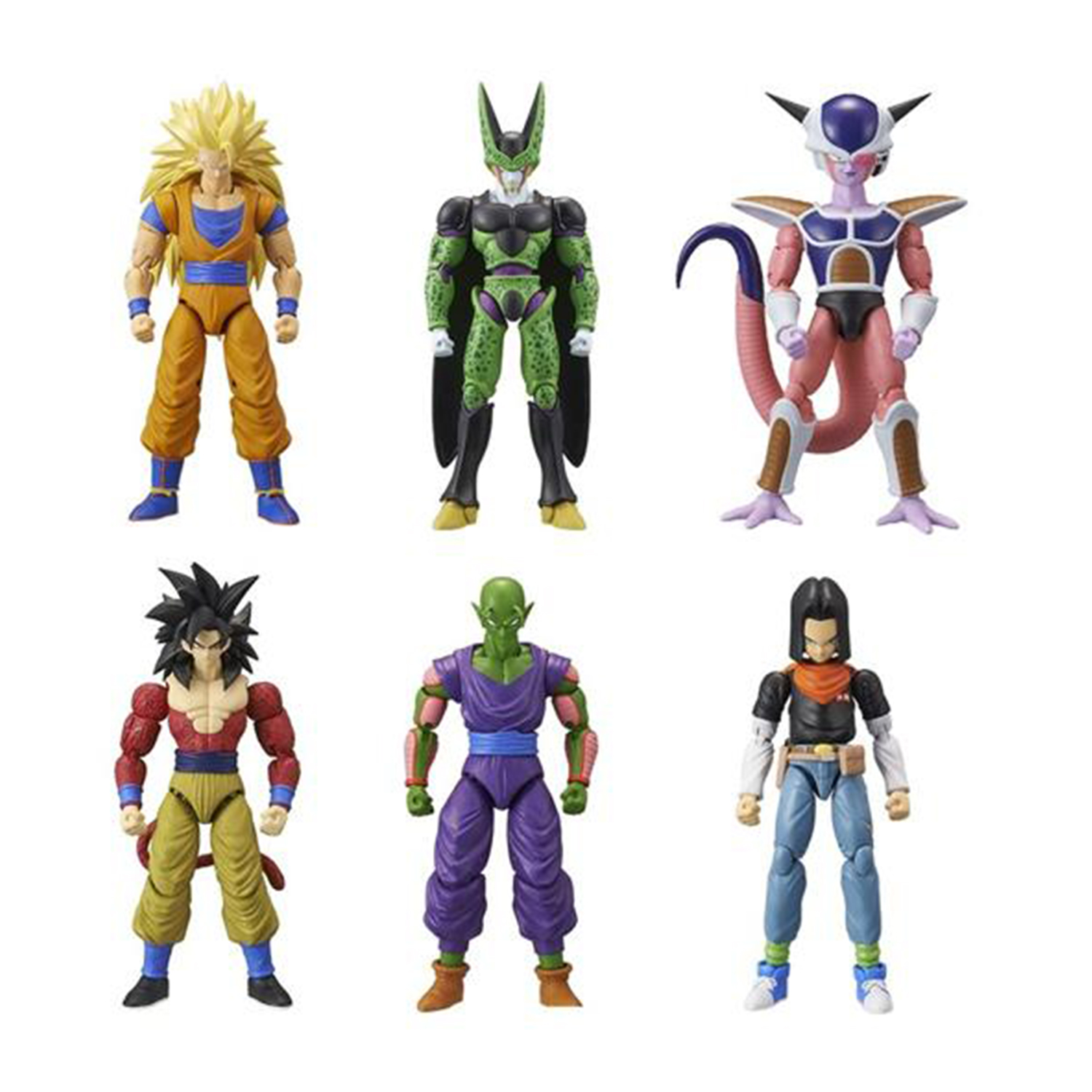 Sei action figure di Dragon Ball Z. Vari personaggi in pose di combattimento. Sfondo bianco.