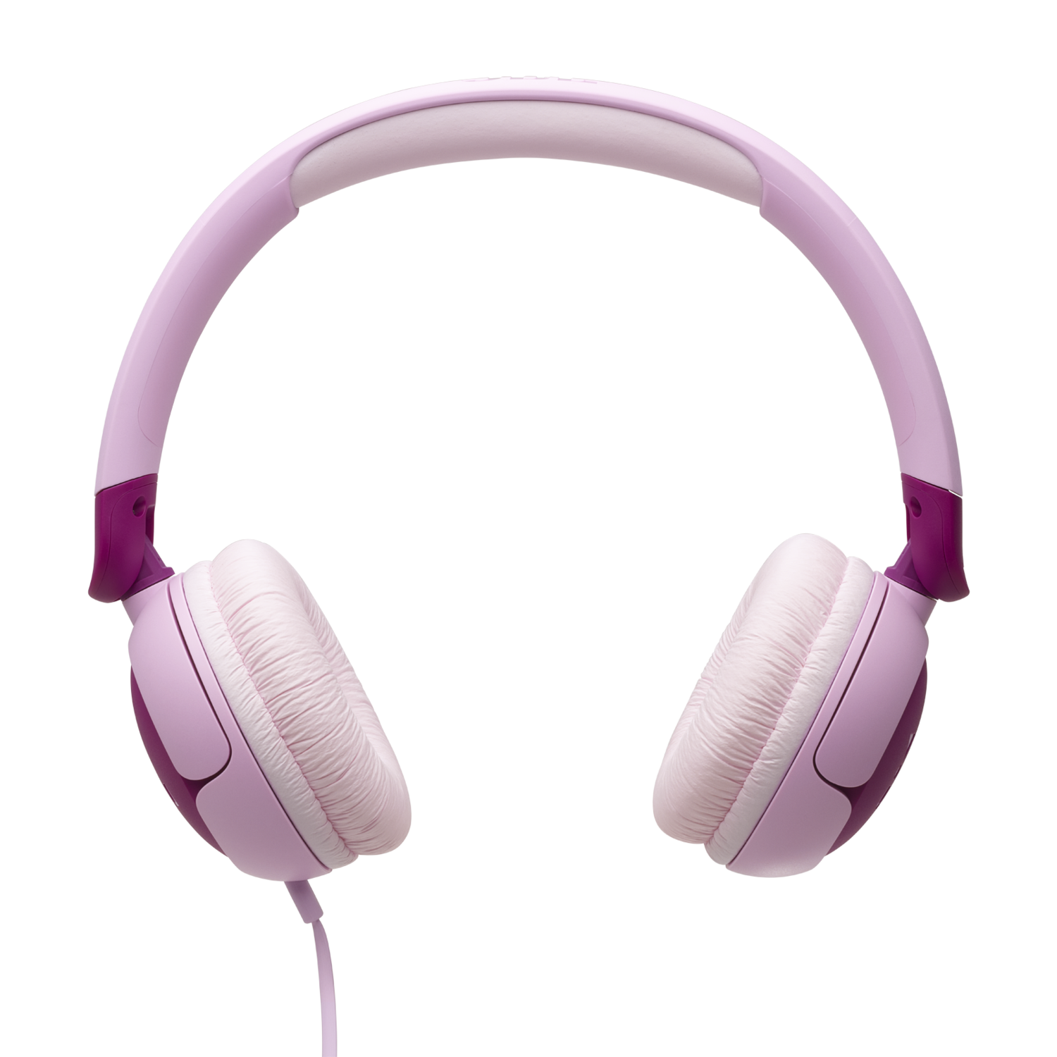 Pink headphones with pink earcups and a pink headband. The background is black.