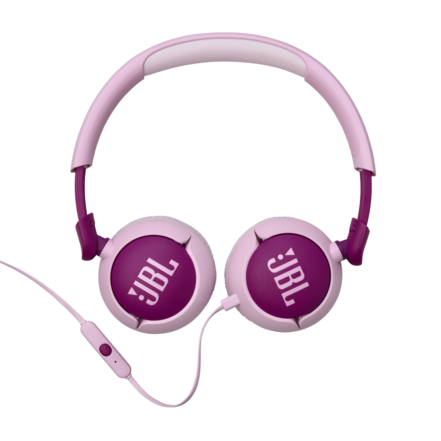 Pink JBL headphones. The earcups and headband are pink with purple accents and the JBL logo.