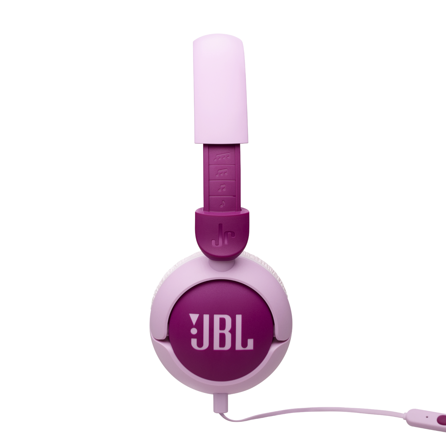 Pink and white headphones. They have a pink band and ear cups, with a JBL logo.