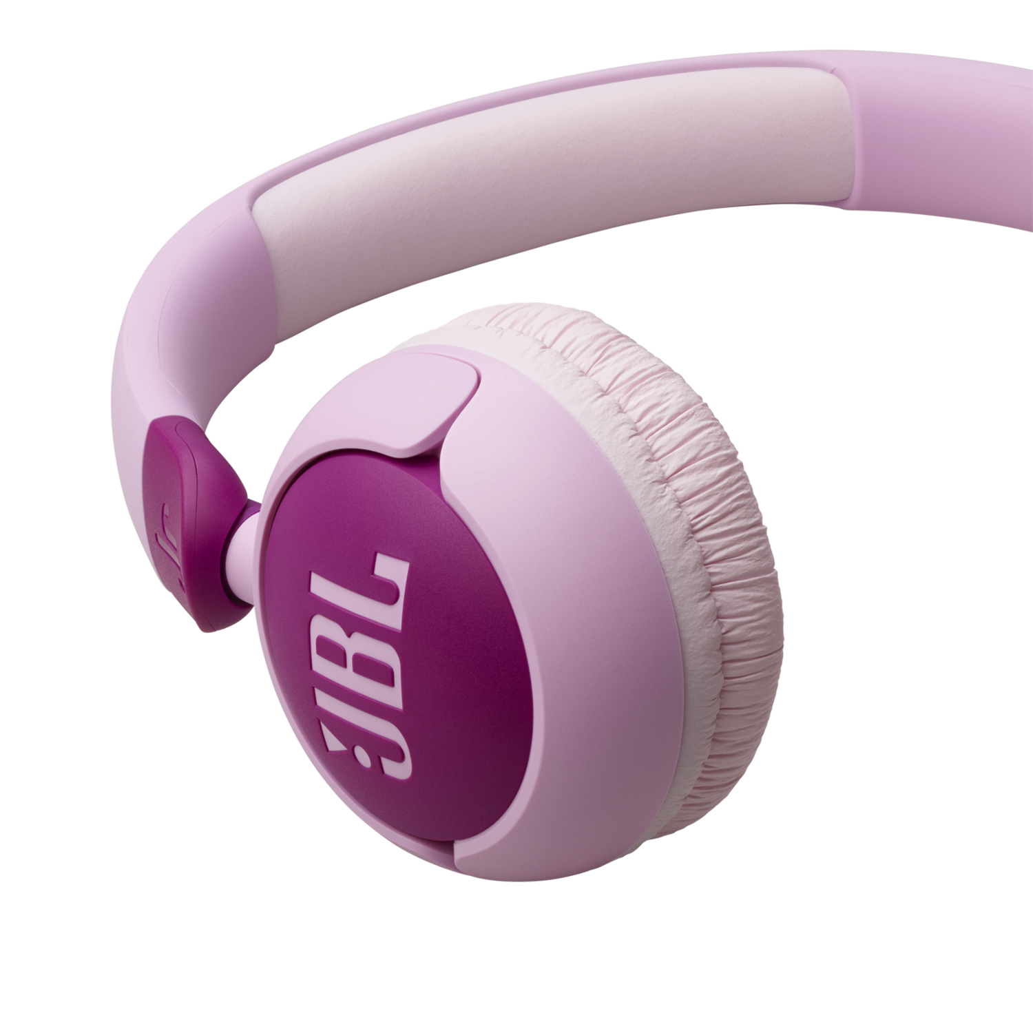 Pink and purple JBL headphones. The JBL logo is on the ear cup.