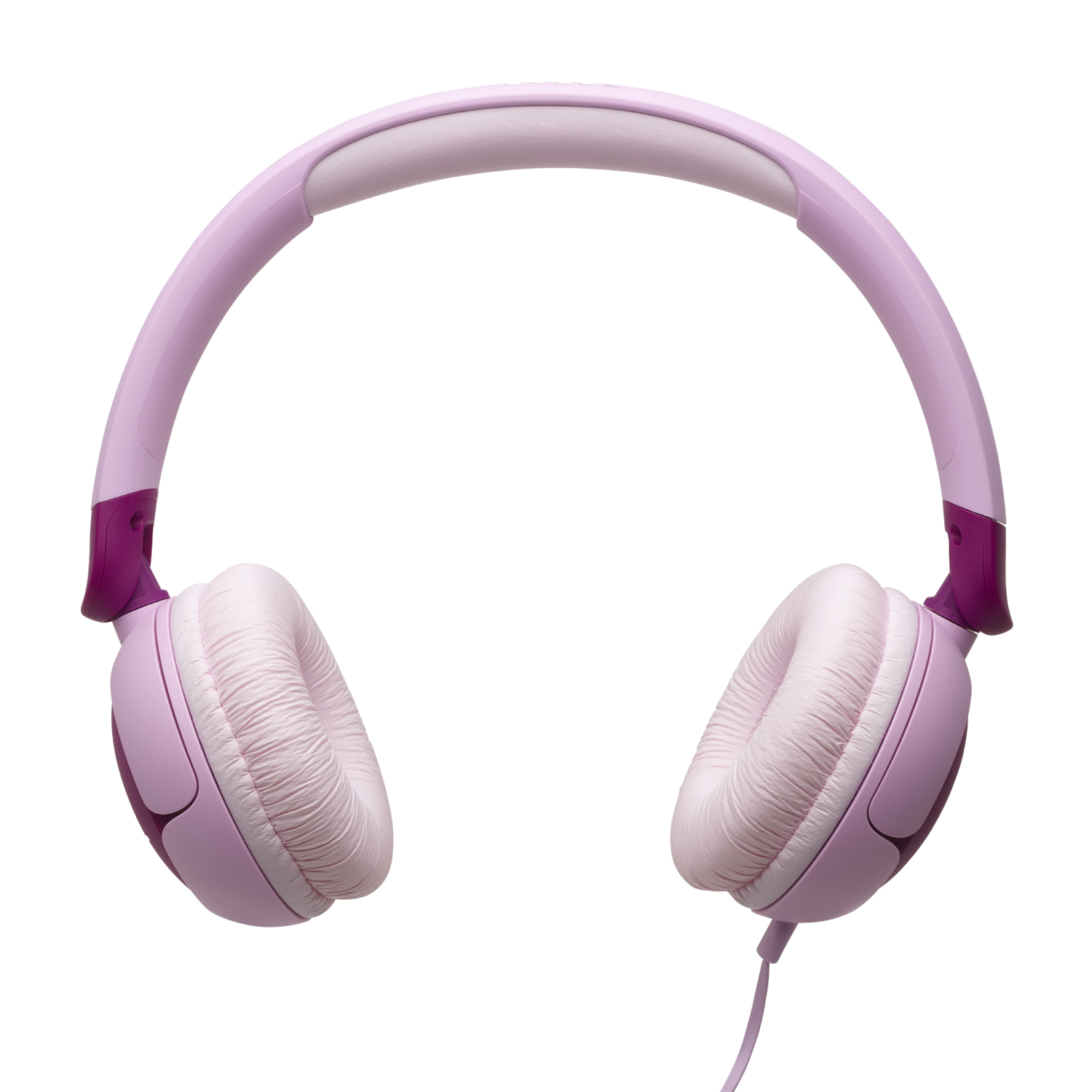 Pink headphones with light pink ear cups and a dark pink headband.