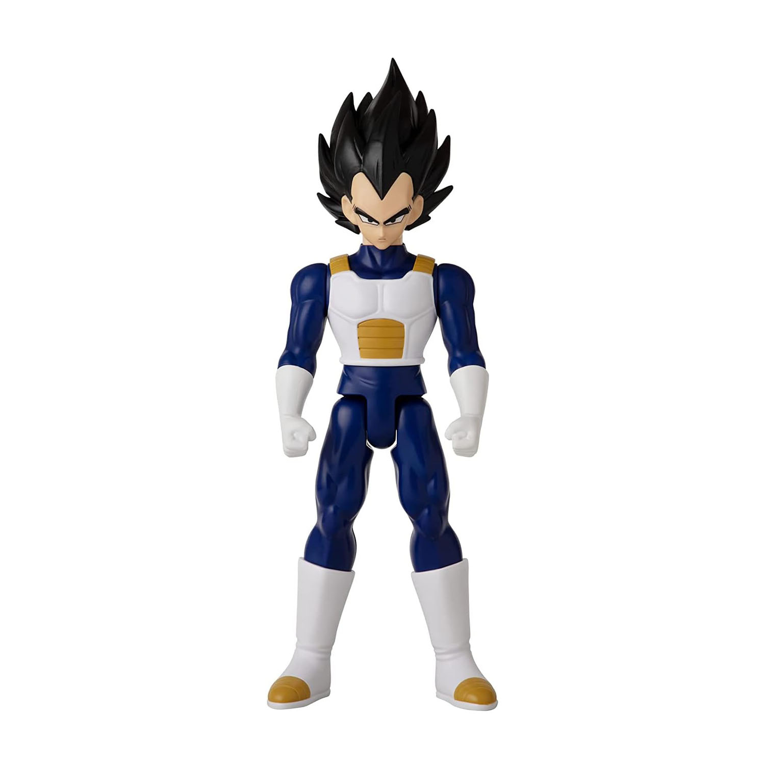 Action figure di Vegeta da Dragon Ball Z. È in posa da combattimento, con un'armatura blu e bianca.