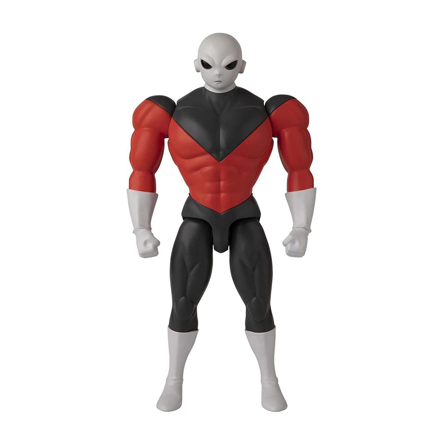Figura di Jiren con torso rosso e nero, viso bianco, guanti e stivali bianchi.