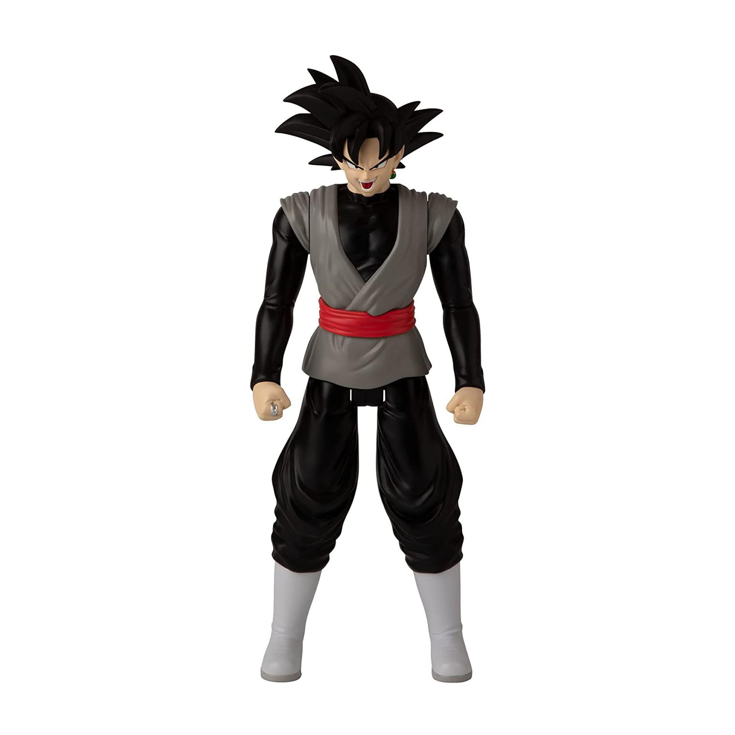 Action figure di Goku Black di Dragon Ball Z, abiti neri, cintura rossa.