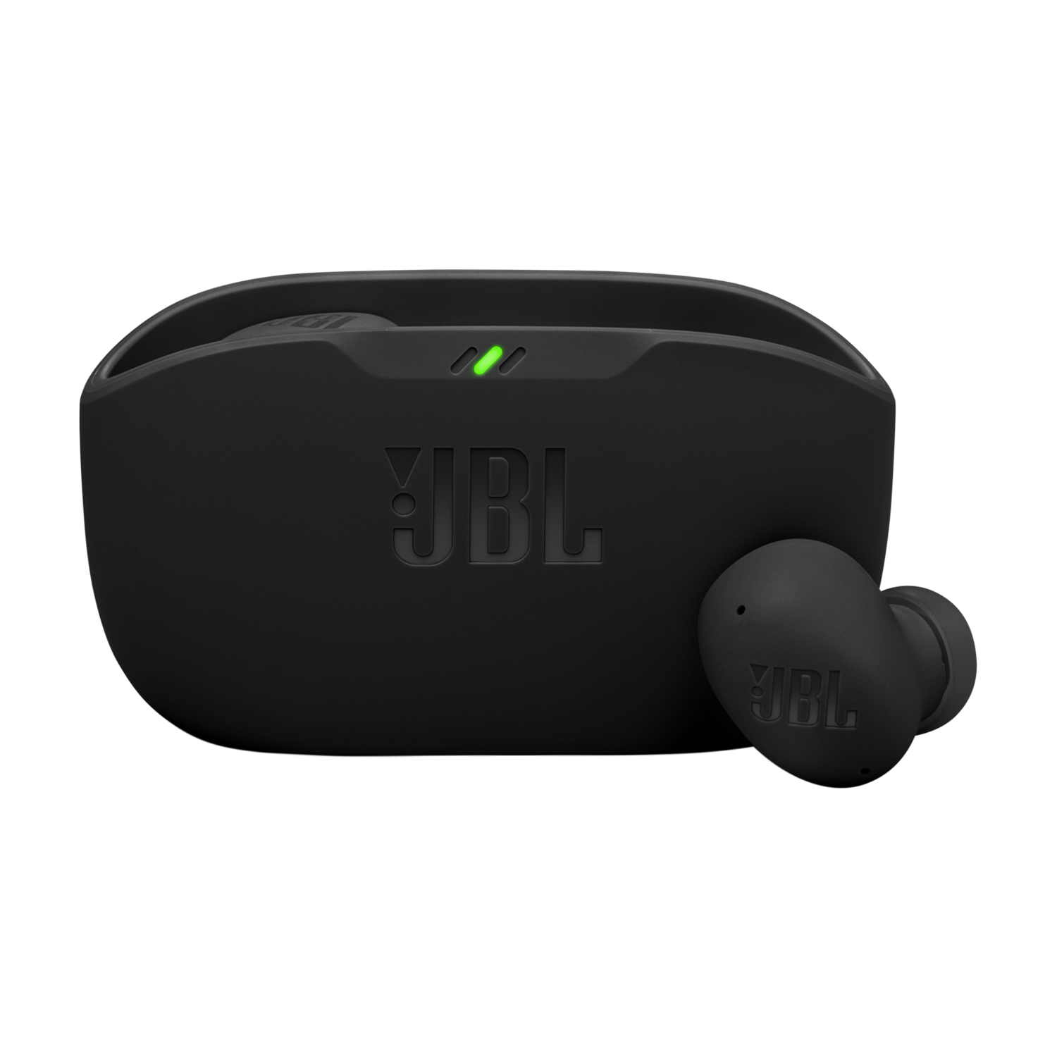 Zwarte JBL Wave Flex 2 oordopjes en oplaadcase op zwarte achtergrond. De oplaadcase is gesloten.