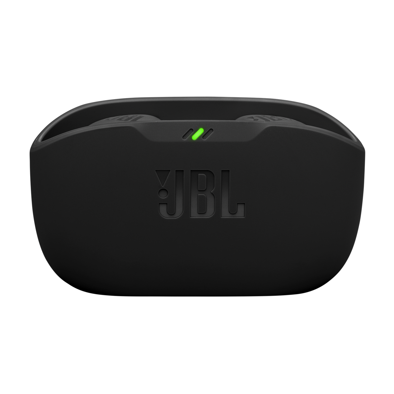 Zwarte JBL oortjes case met het JBL logo en een groen licht.