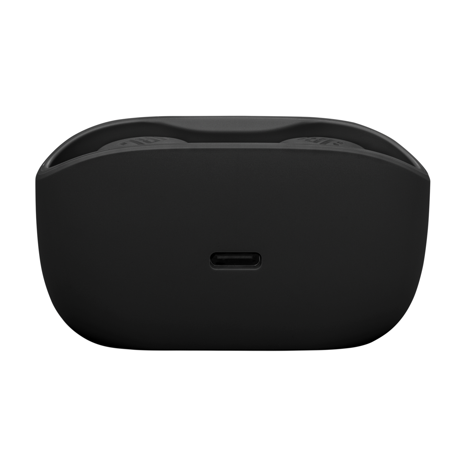 Zwarte oplaadcase voor oordopjes met een USB-C poort. De oordopjes zitten in de case.