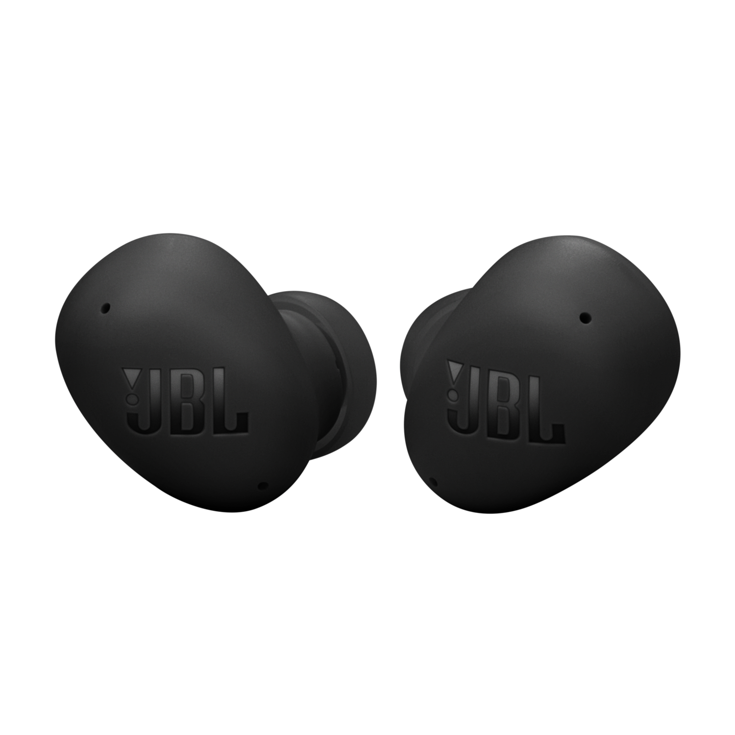 Twee zwarte JBL oortelefoons tegen een zwarte achtergrond.