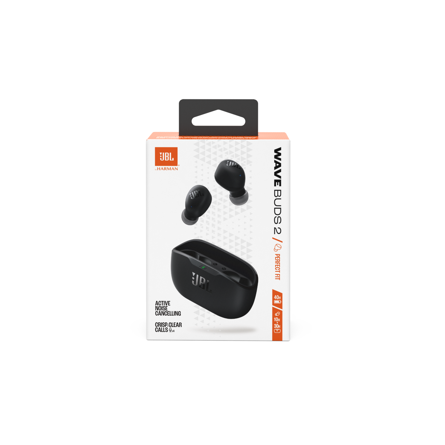 Doos JBL Wave Buds 2 oordopjes met etui en tekst.
