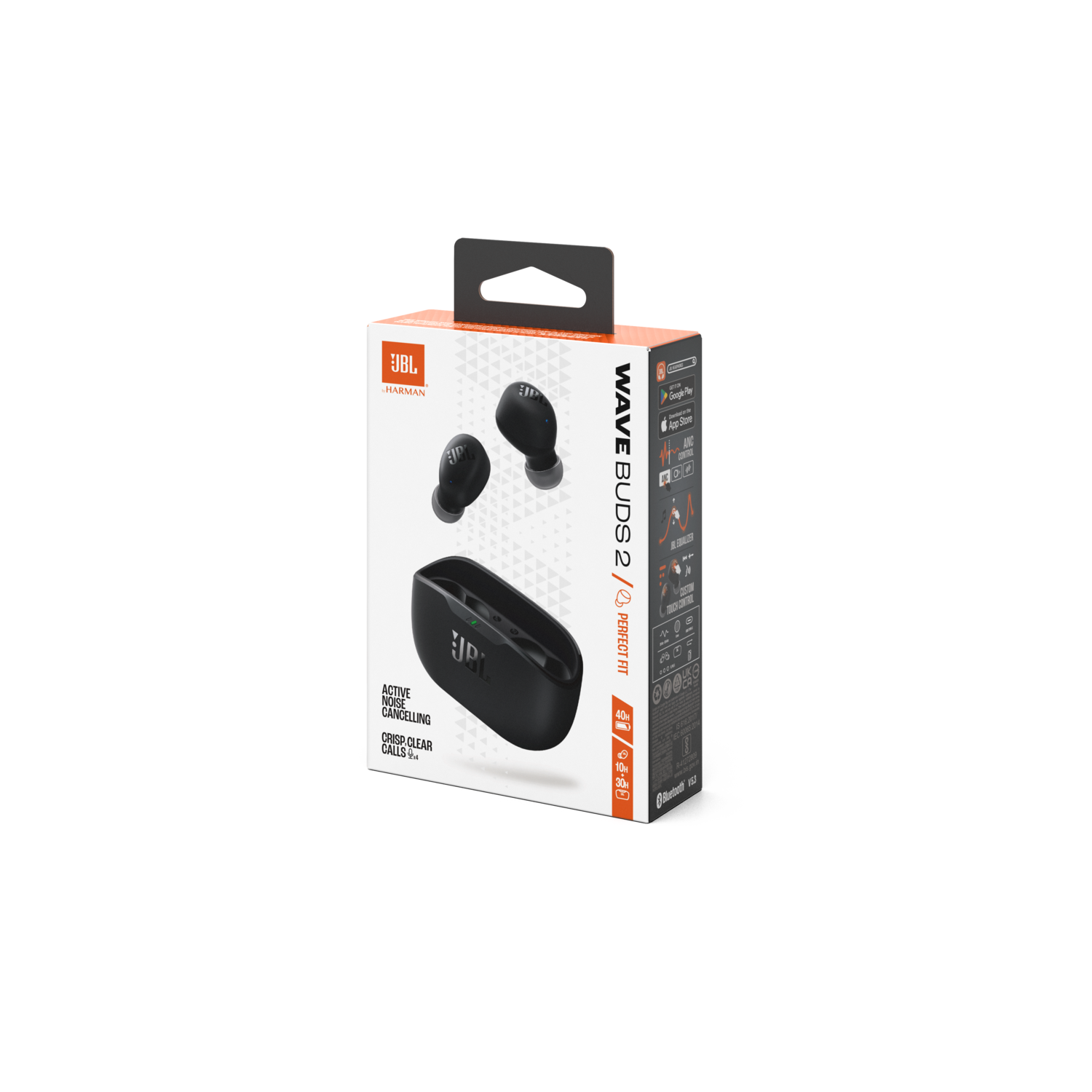 Zwarte JBL Wave Buds 2 oortelefoons in een doos, met een oplaadcase. De doos heeft branding en productdetails.