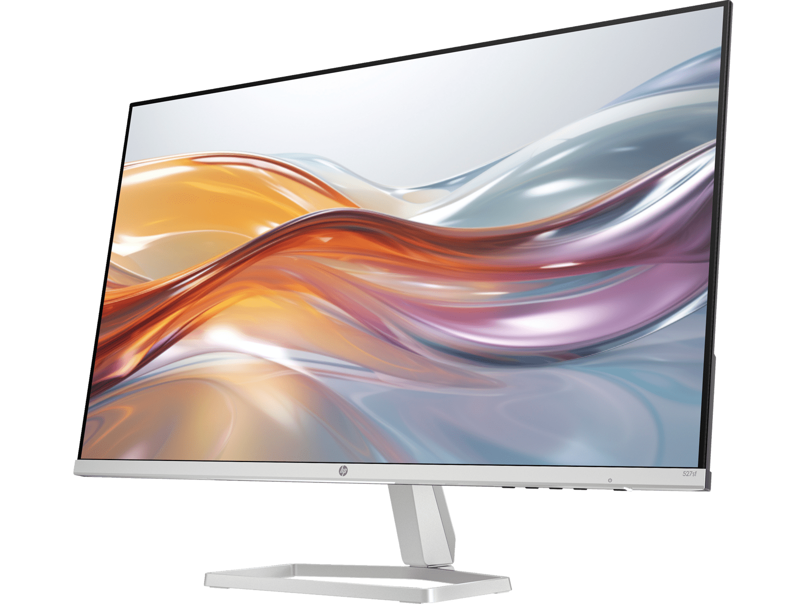 Un monitor HP plateado con un soporte blanco y un fondo abstracto colorido en la pantalla.